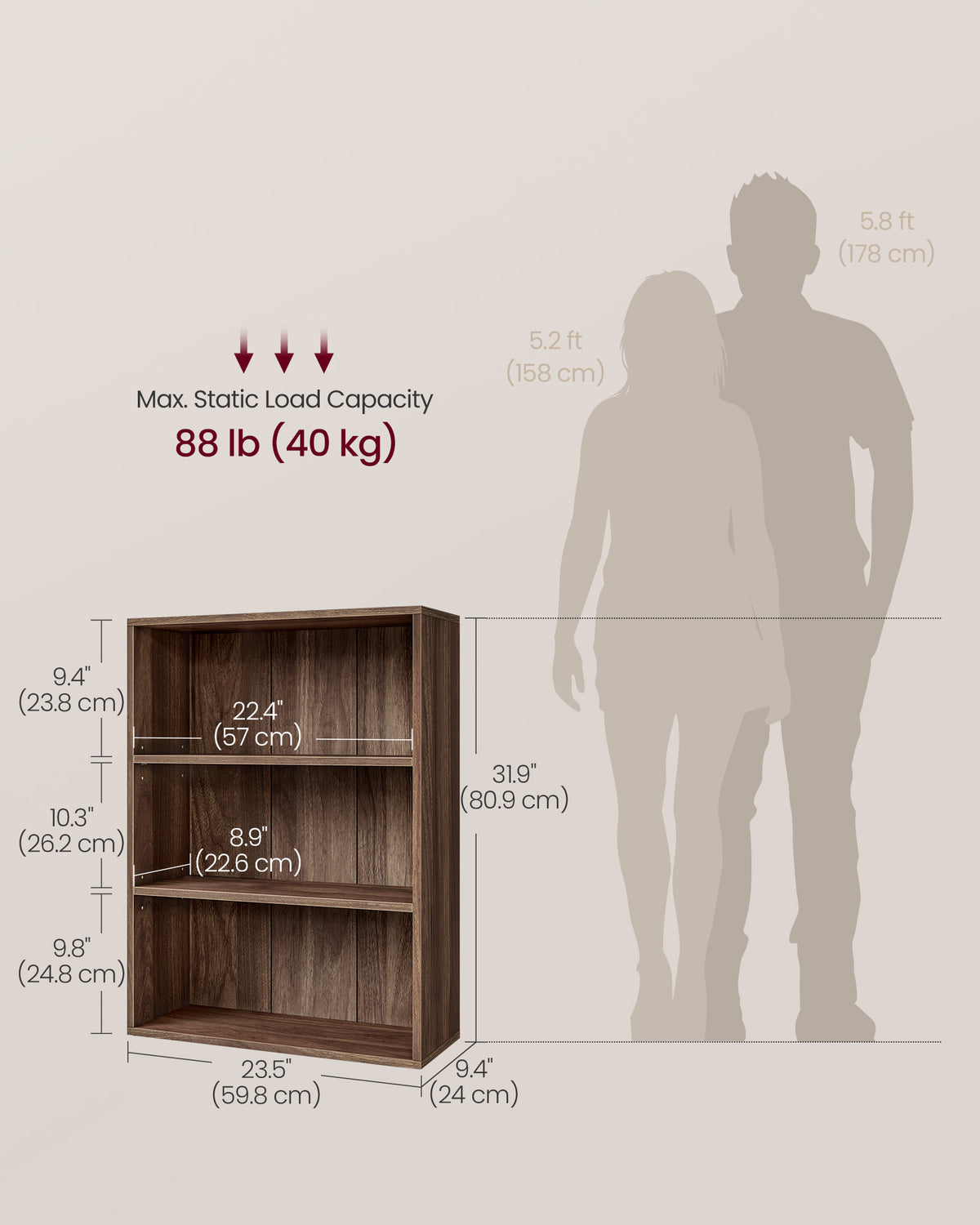 VASAGLE CUSTOS Collection - Bookshelf, 3-Tier Bookcase, Book Shelf, Open Storage Shelf, for Living Room, Home Office, Dining Room, Natural Walnu