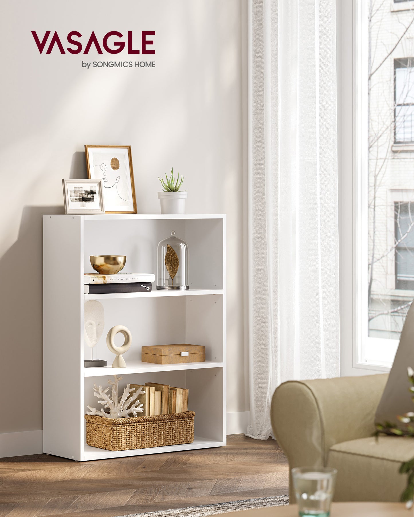 VASAGLE 3-Tier Bookshelf, 23.6 Inches Wide, Open Bookcase with Adjustable Storage Shelves, Floor Standing Unit, Cloud White