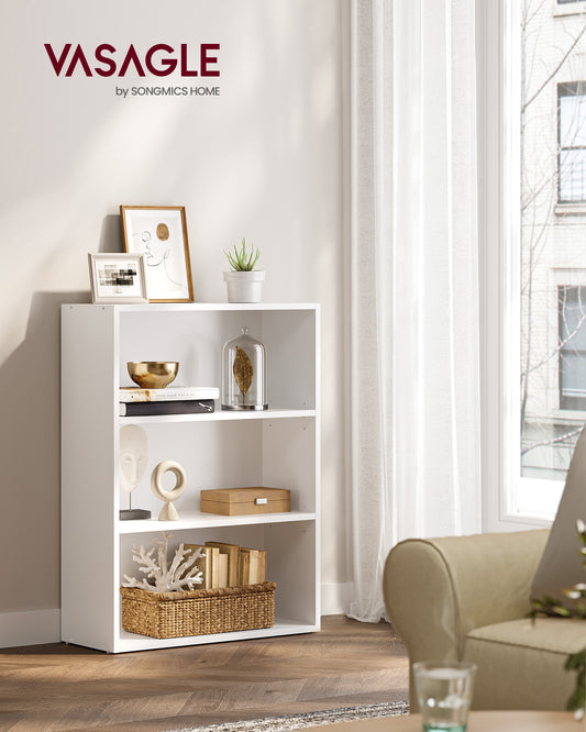 White 3-Tier Open Bookshelf, Adjustable Storage Shelves, Floor Standing Unit for Modern Home Organization