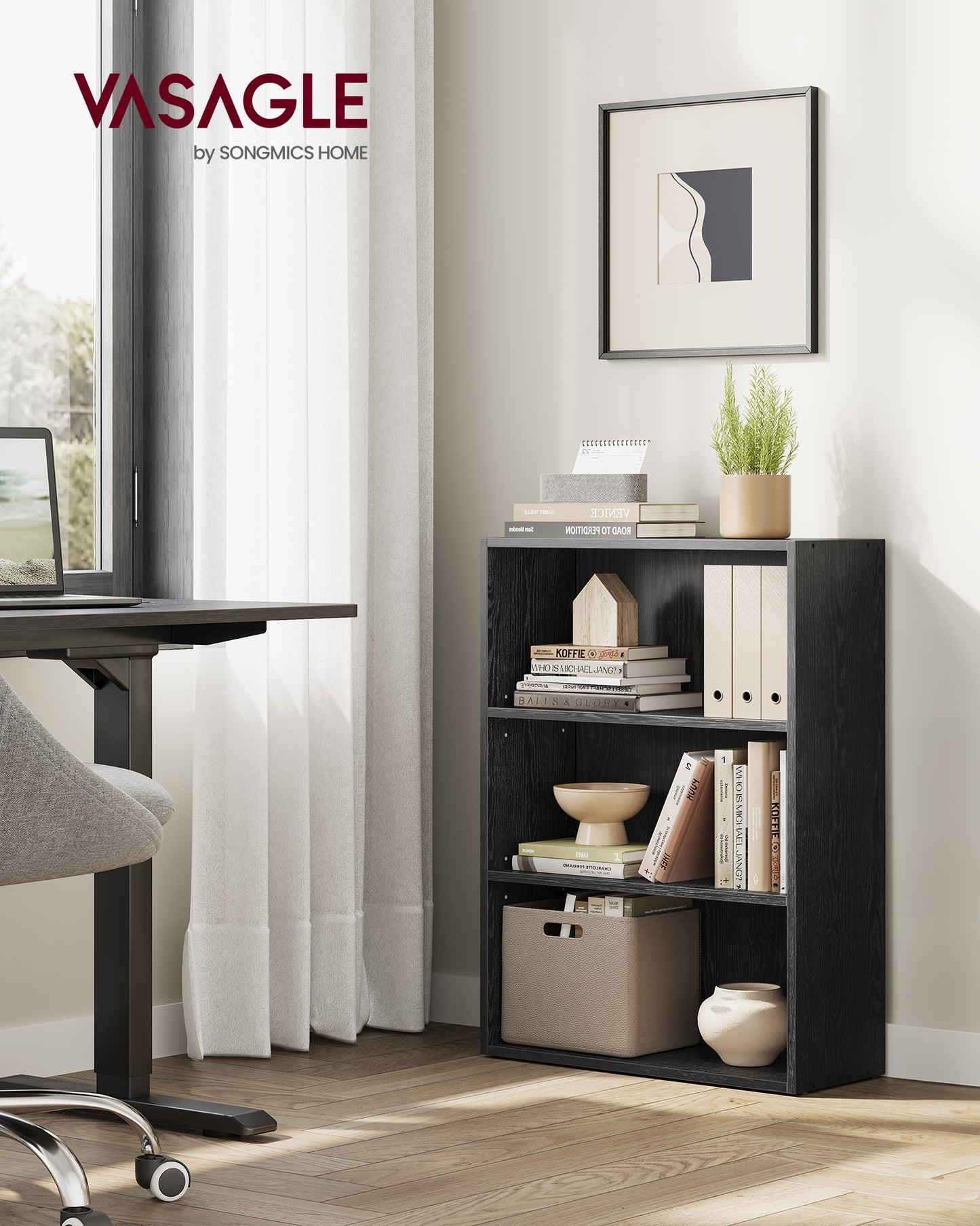 3-Tier Bookshelf, 23.6 Inches Wide, Open Bookcase with Adjustable Storage Shelves, Floor Standing Unit, Ebony Black