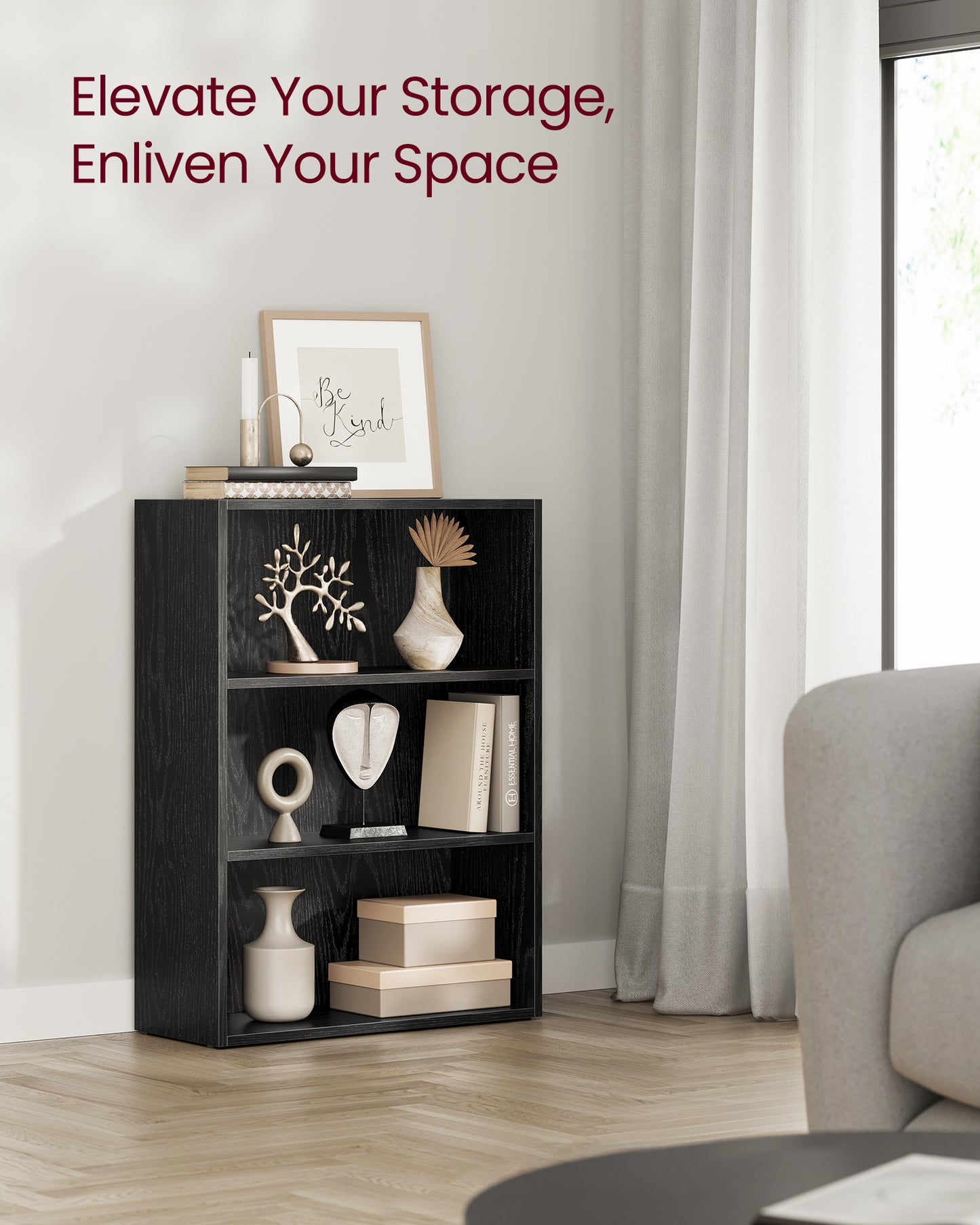 3-Tier Bookshelf, 23.6 Inches Wide, Open Bookcase with Adjustable Storage Shelves, Floor Standing Unit, Ebony Black