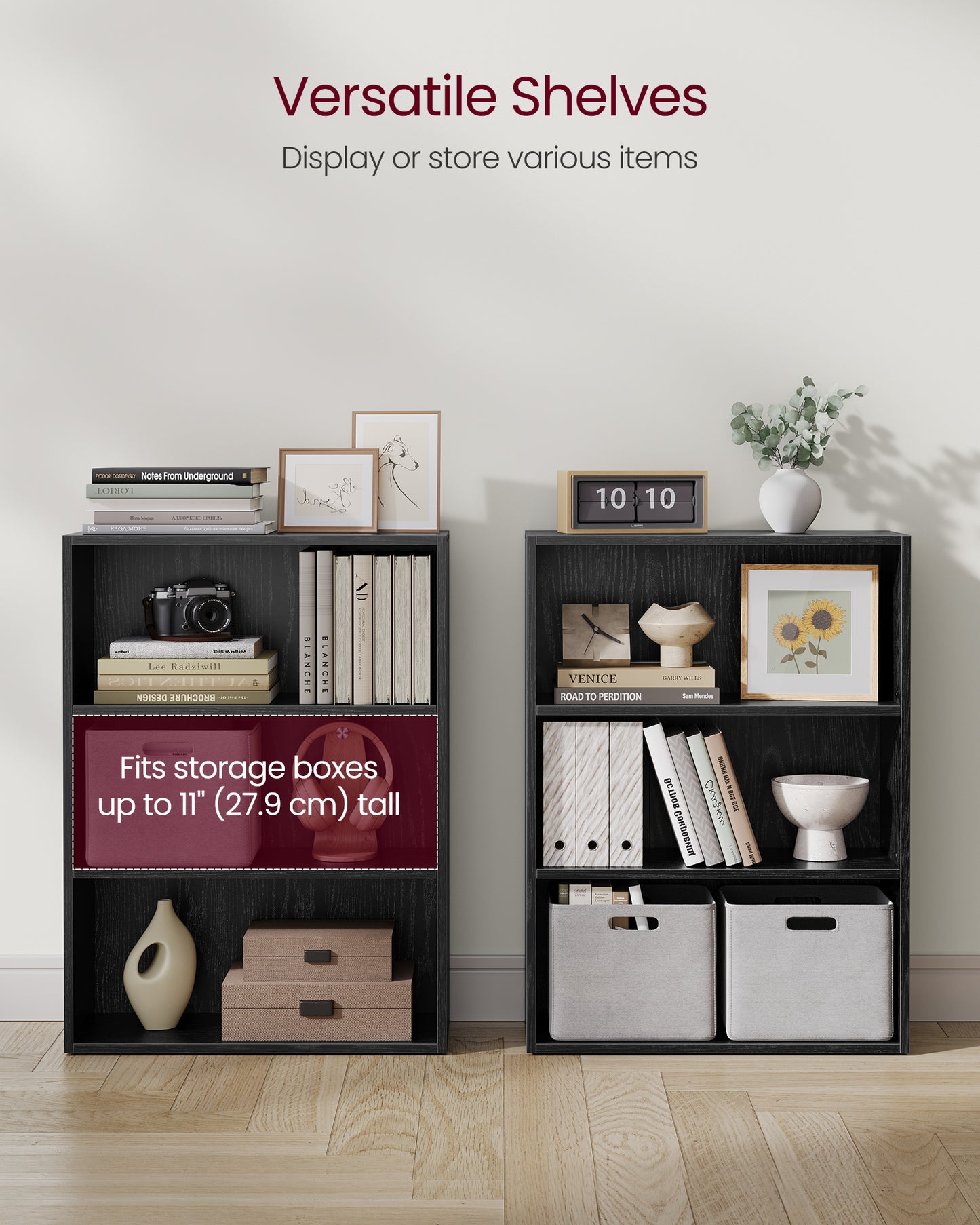3-Tier Bookshelf, 23.6 Inches Wide, Open Bookcase with Adjustable Storage Shelves, Floor Standing Unit, Ebony Black