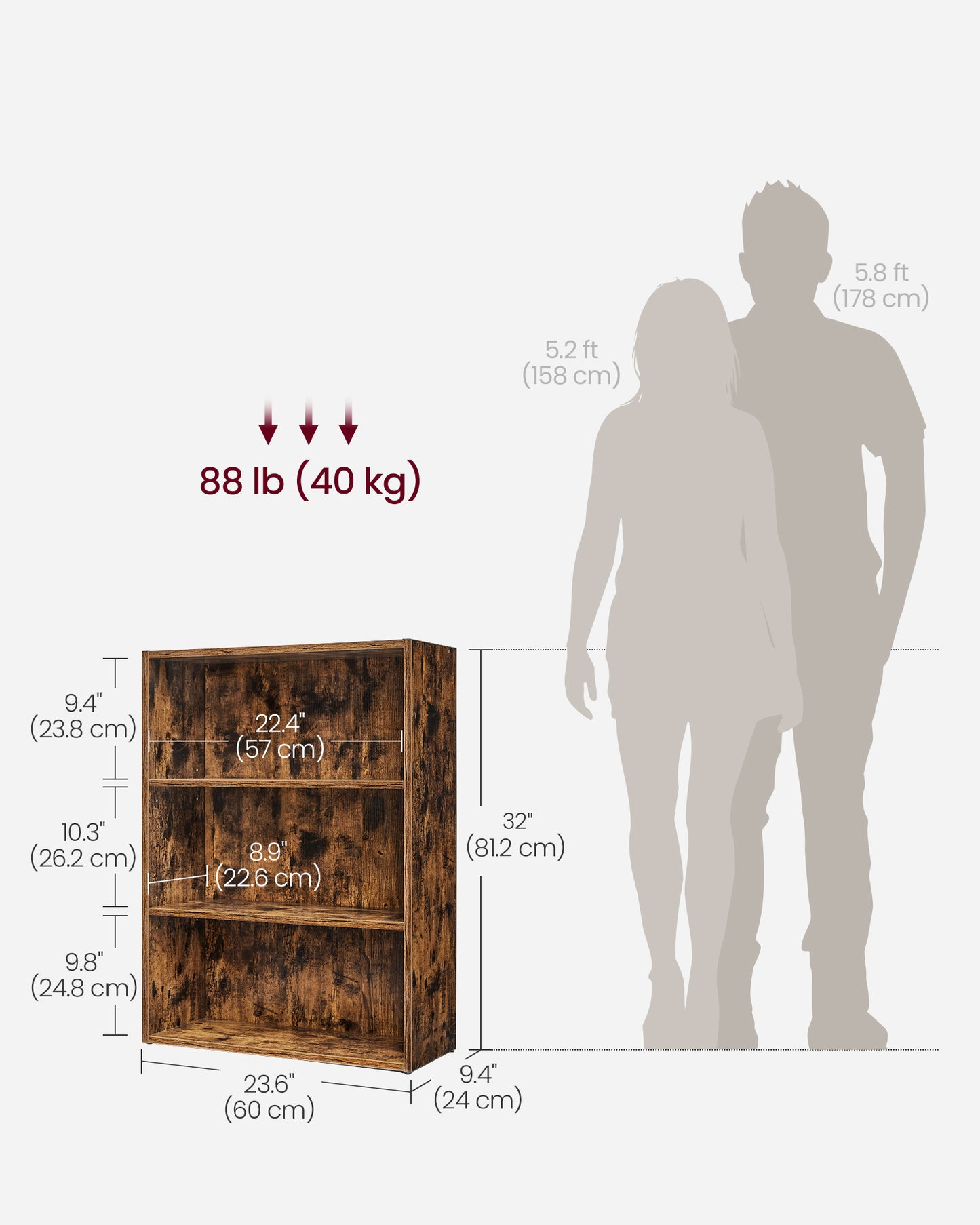 23.6'' Wide Bookcase, Adjustable Storage Bookshelf, 3 Tier Standing Open Bookcase