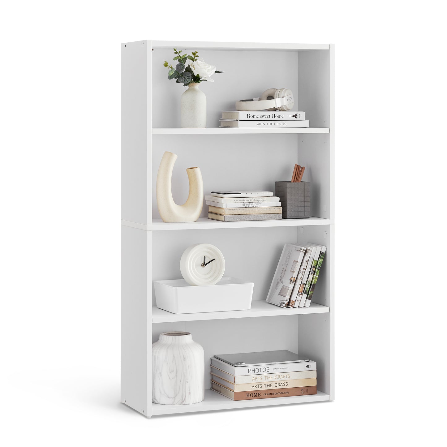 White 4-Tier Open Bookshelf, Adjustable Storage Shelves, Floor Standing Unit for Modern Home Organization