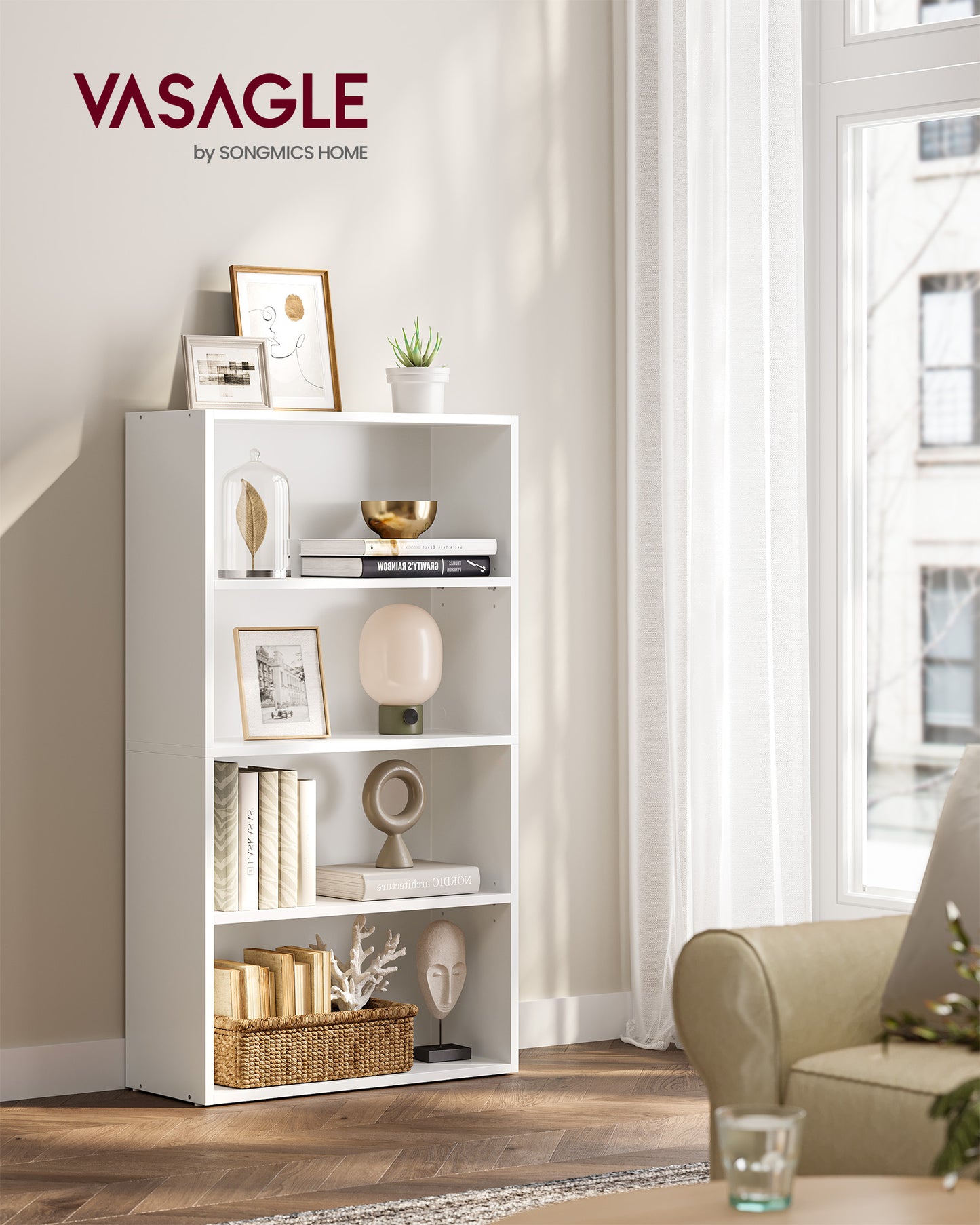 VASAGLE 4-Tier Bookshelf, 23.6 Inches Wide, Open Bookcase with Adjustable Storage Shelves, Floor Standing Unit, Cloud White