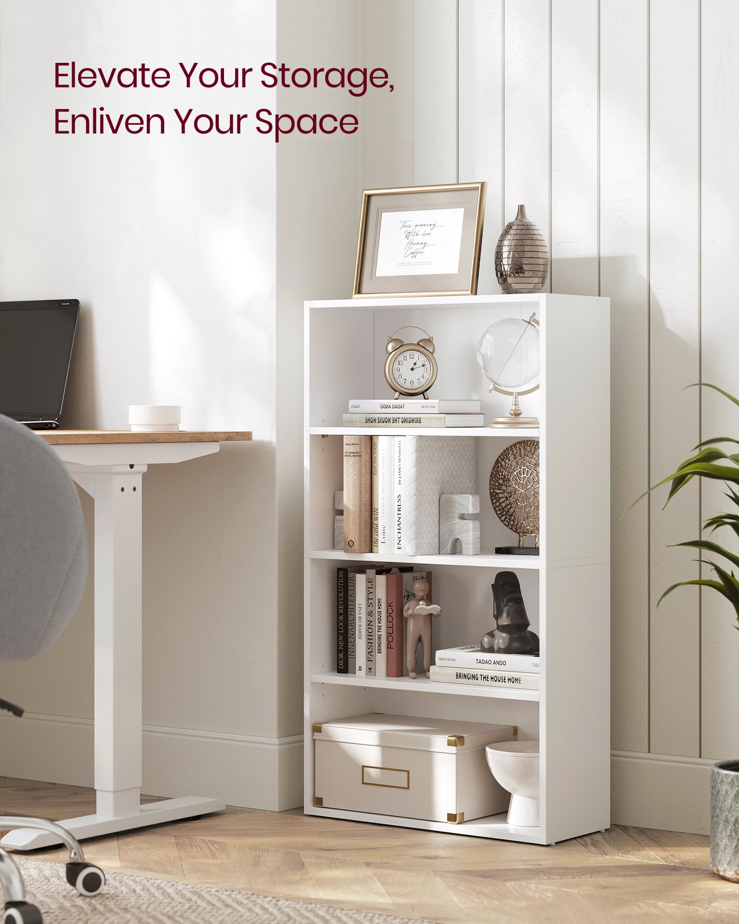 White 4-Tier Open Bookshelf, Adjustable Storage Shelves, Floor Standing Unit for Modern Home Organization