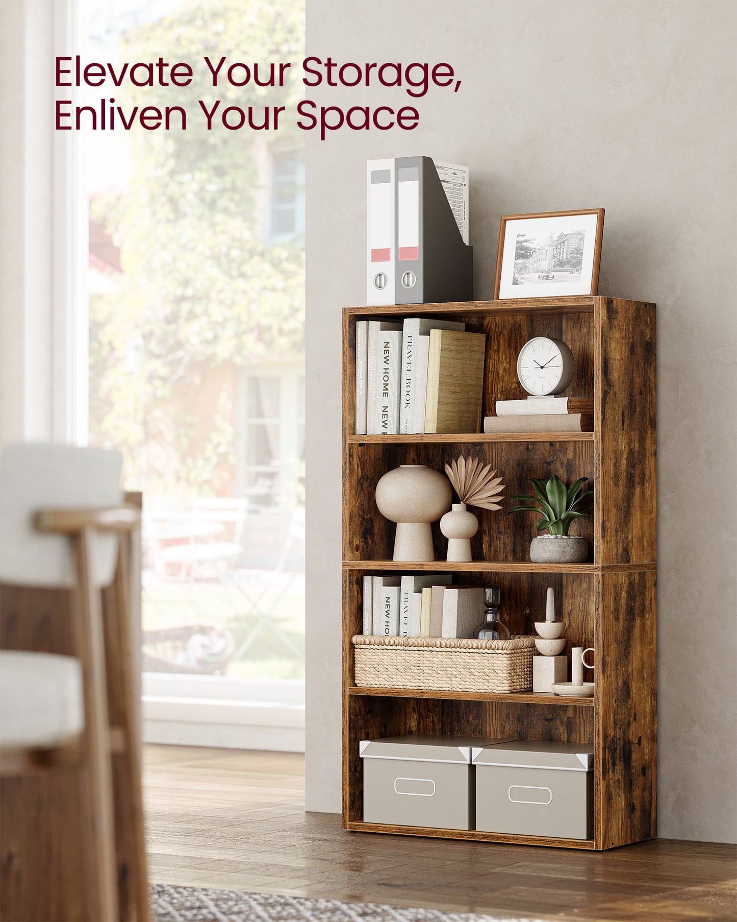 4-Tier Bookshelf, 23.6 Inches Wide, Open Bookcase with Adjustable Storage Shelves, Floor Standing Unit, Rustic Brown