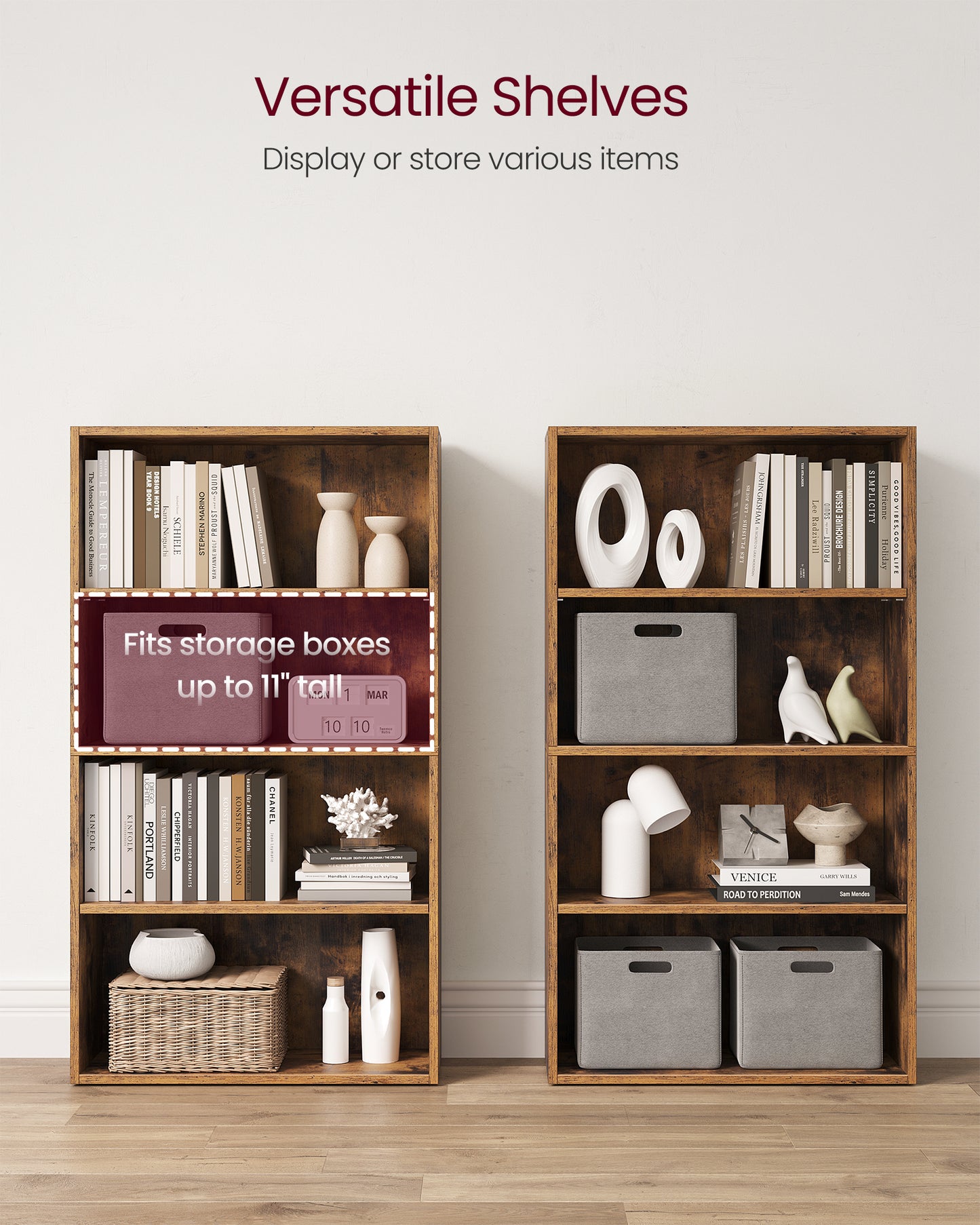 4-Tier Bookshelf, 23.6 Inches Wide, Open Bookcase with Adjustable Storage Shelves, Floor Standing Unit, Rustic Brown