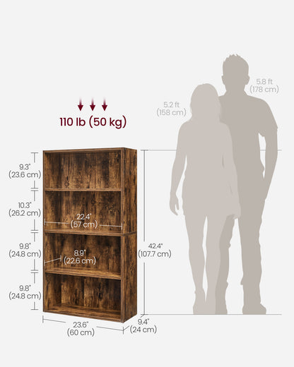 4-Tier Bookshelf, 23.6 Inches Wide, Open Bookcase with Adjustable Storage Shelves, Floor Standing Unit, Rustic Brown