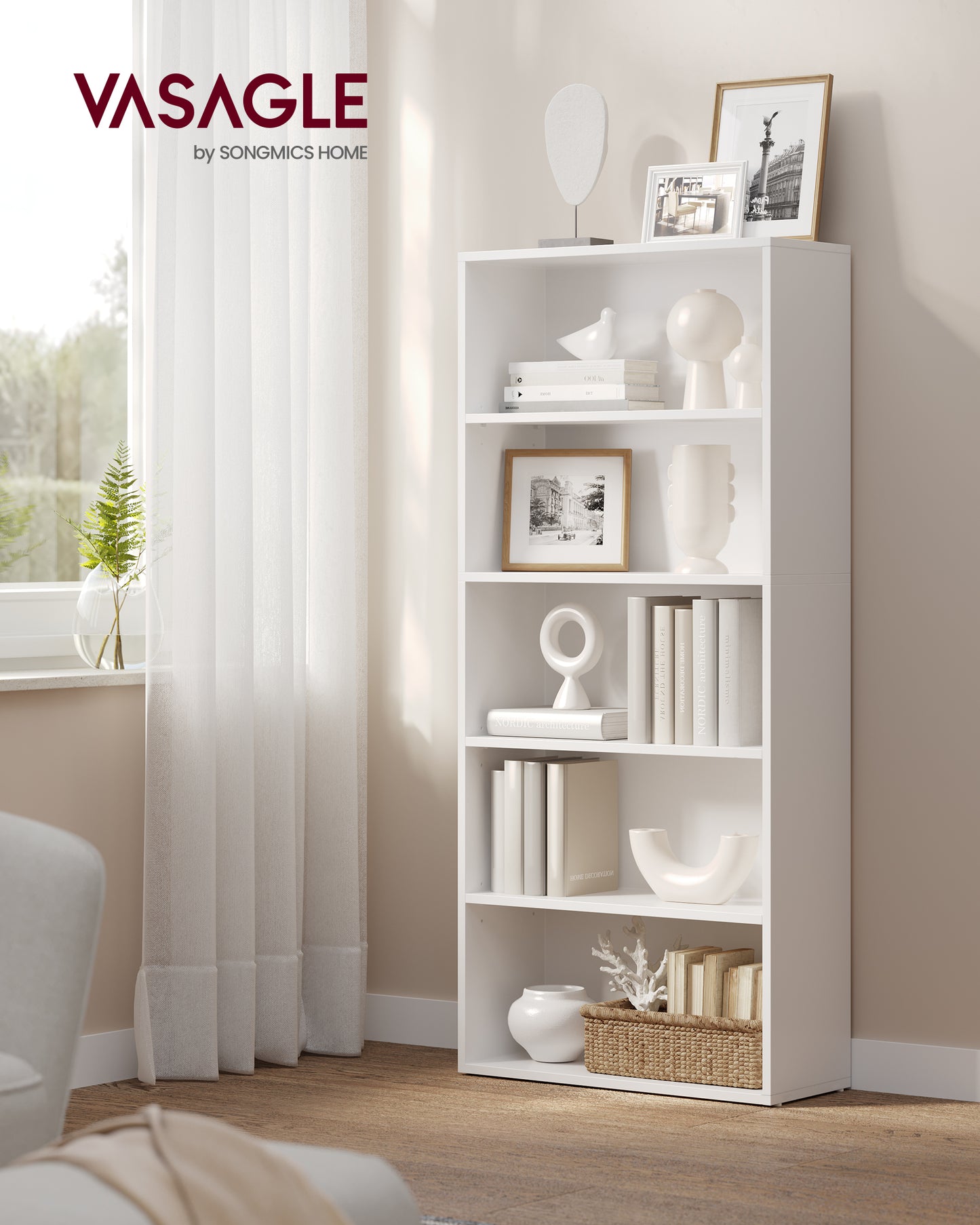 VASAGLE 5-Tier Bookshelf, 23.6 Inches Wide, Open Bookcase with Adjustable Storage Shelves, Floor Standing Unit, Cloud White
