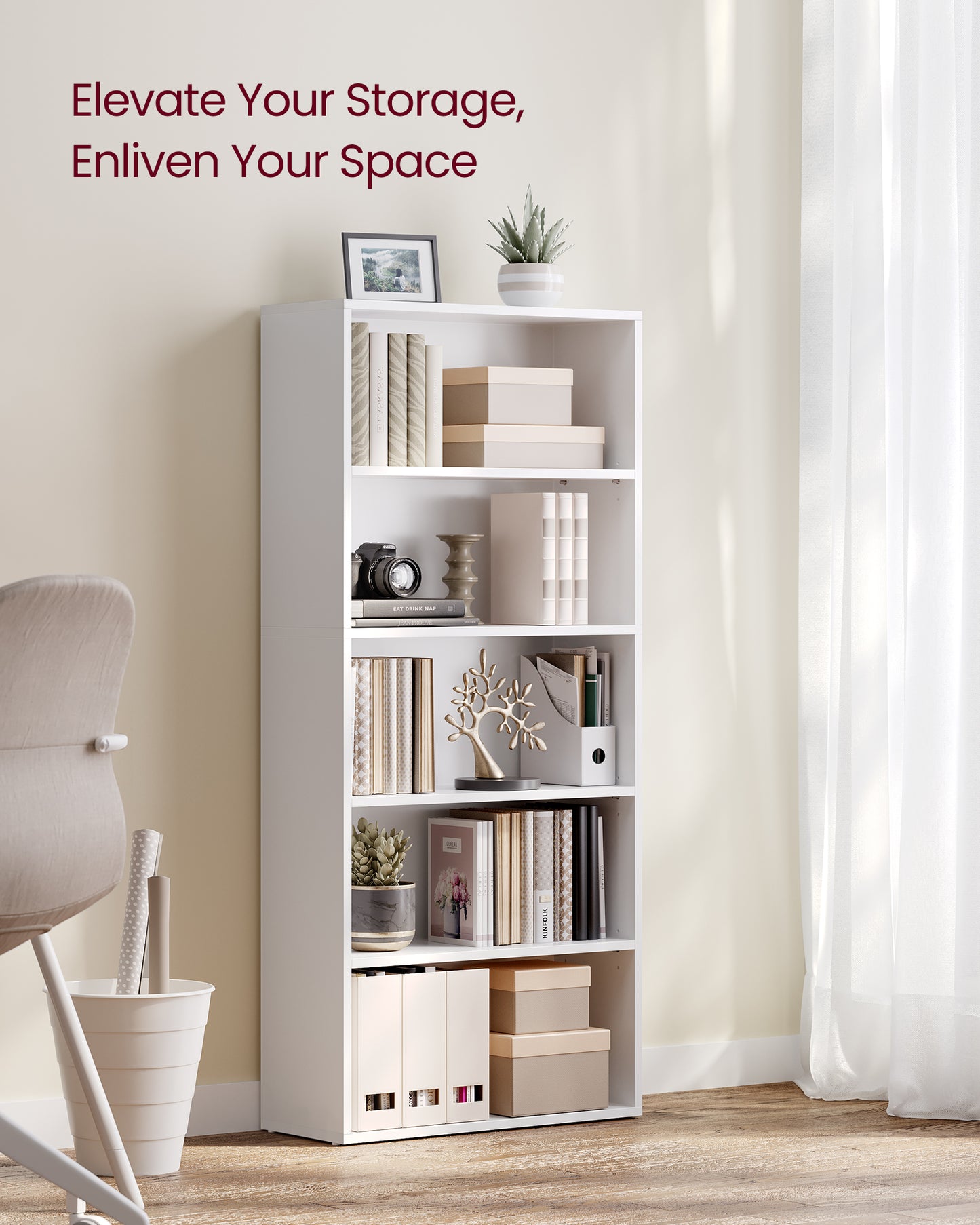 VASAGLE 5-Tier Bookshelf, 23.6 Inches Wide, Open Bookcase with Adjustable Storage Shelves, Floor Standing Unit, Cloud White