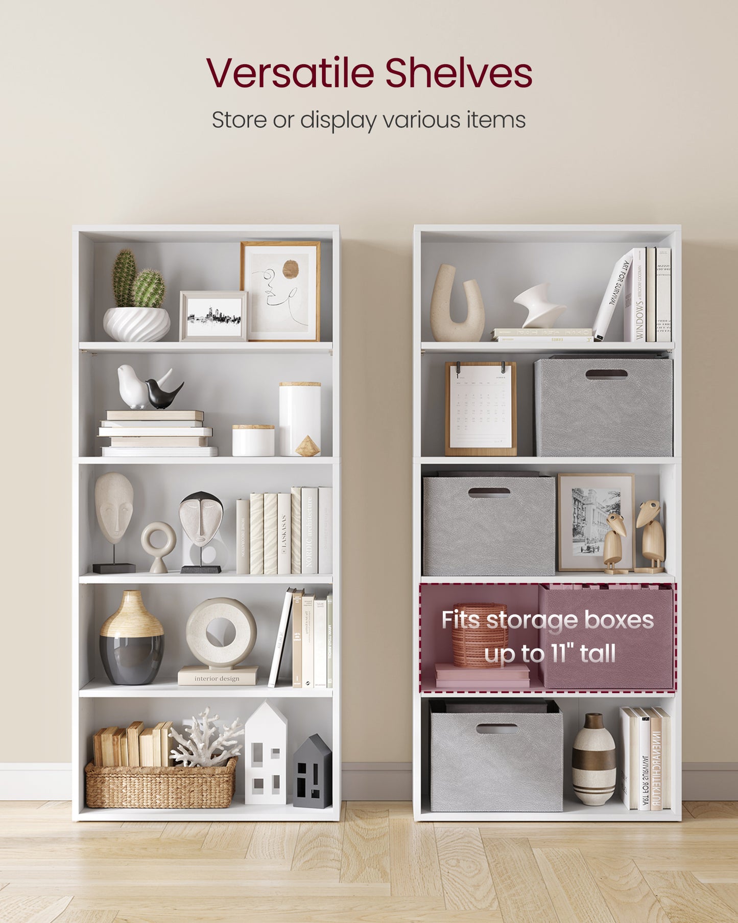 VASAGLE 5-Tier Bookshelf, 23.6 Inches Wide, Open Bookcase with Adjustable Storage Shelves, Floor Standing Unit, Cloud White