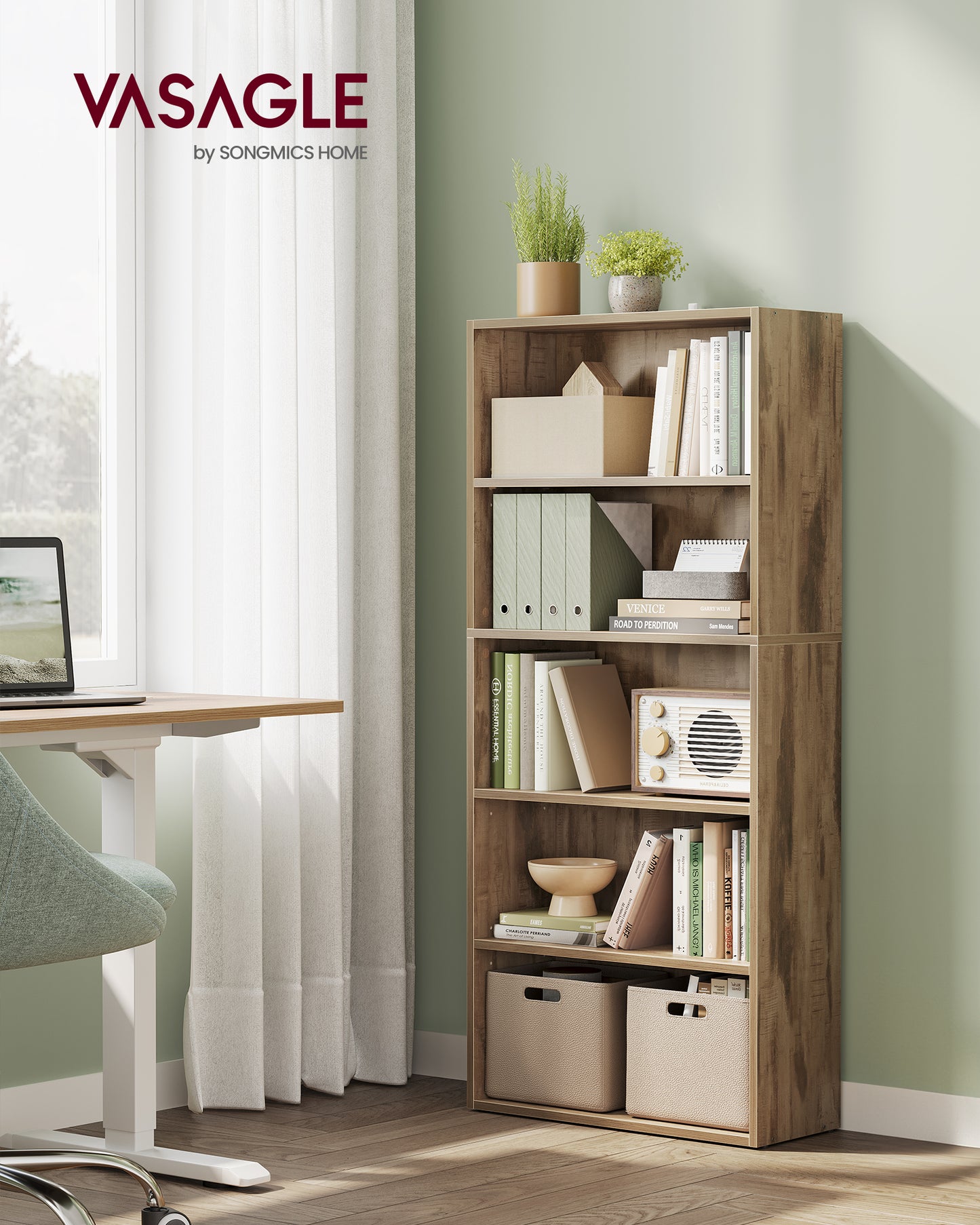 Bookshelf, 23.6 Inches Wide, 5-Tier Open Bookcase with Adjustable Storage Shelves, Floor Standing Unit Camel Brown