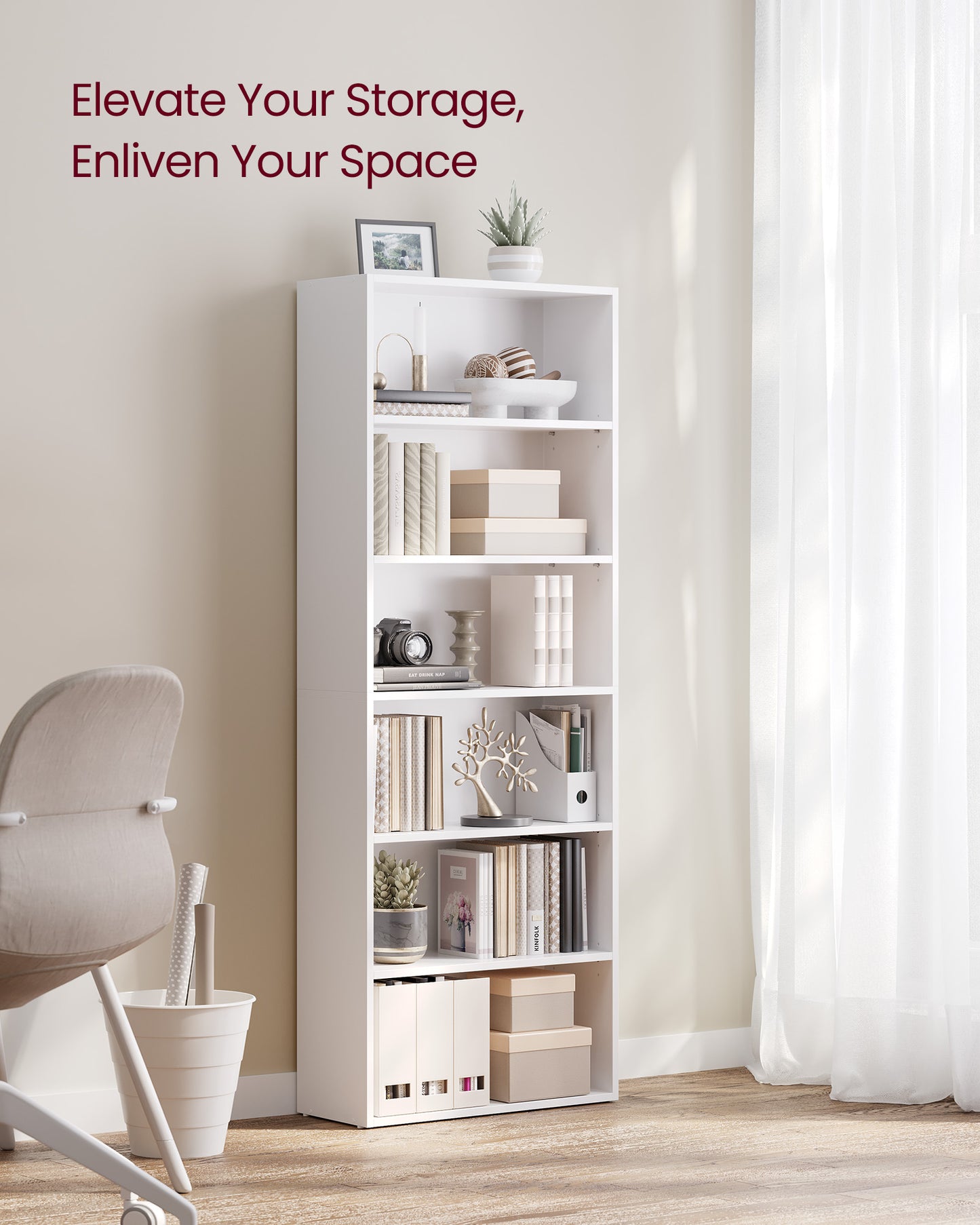 Wide 6-Tier Bookshelf, 23.6 Inches, Open Bookcase with Adjustable Storage Shelves - Floor Standing Unit, White