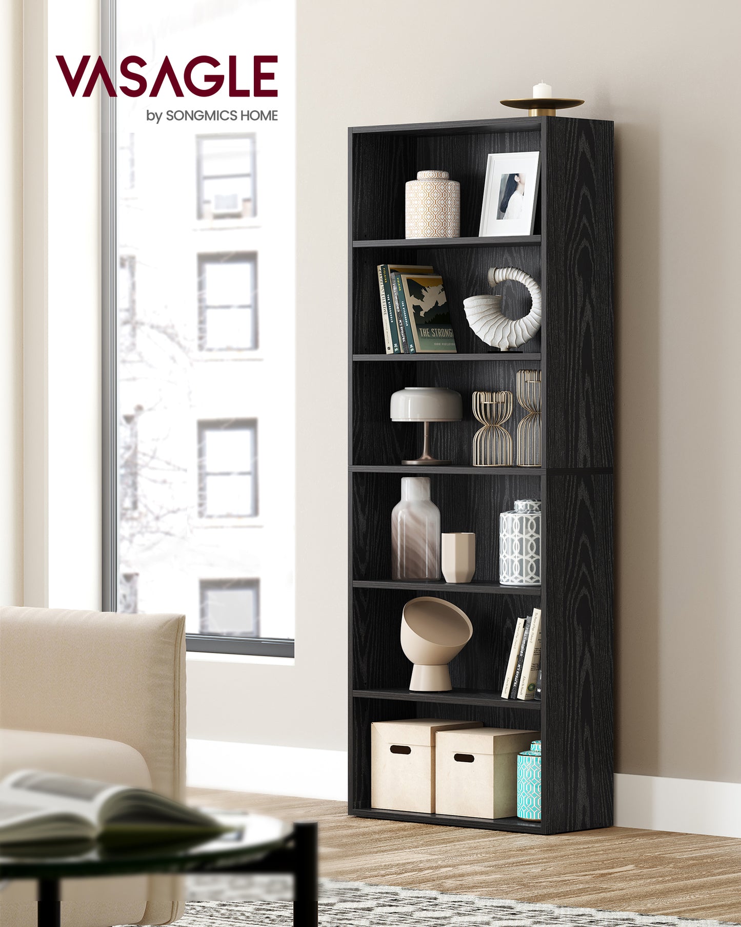 6-Tier Bookshelf, 23.6''W*63.1''H Open Bookcase with Adjustable Storage Shelves, Floor Standing Unit, Black