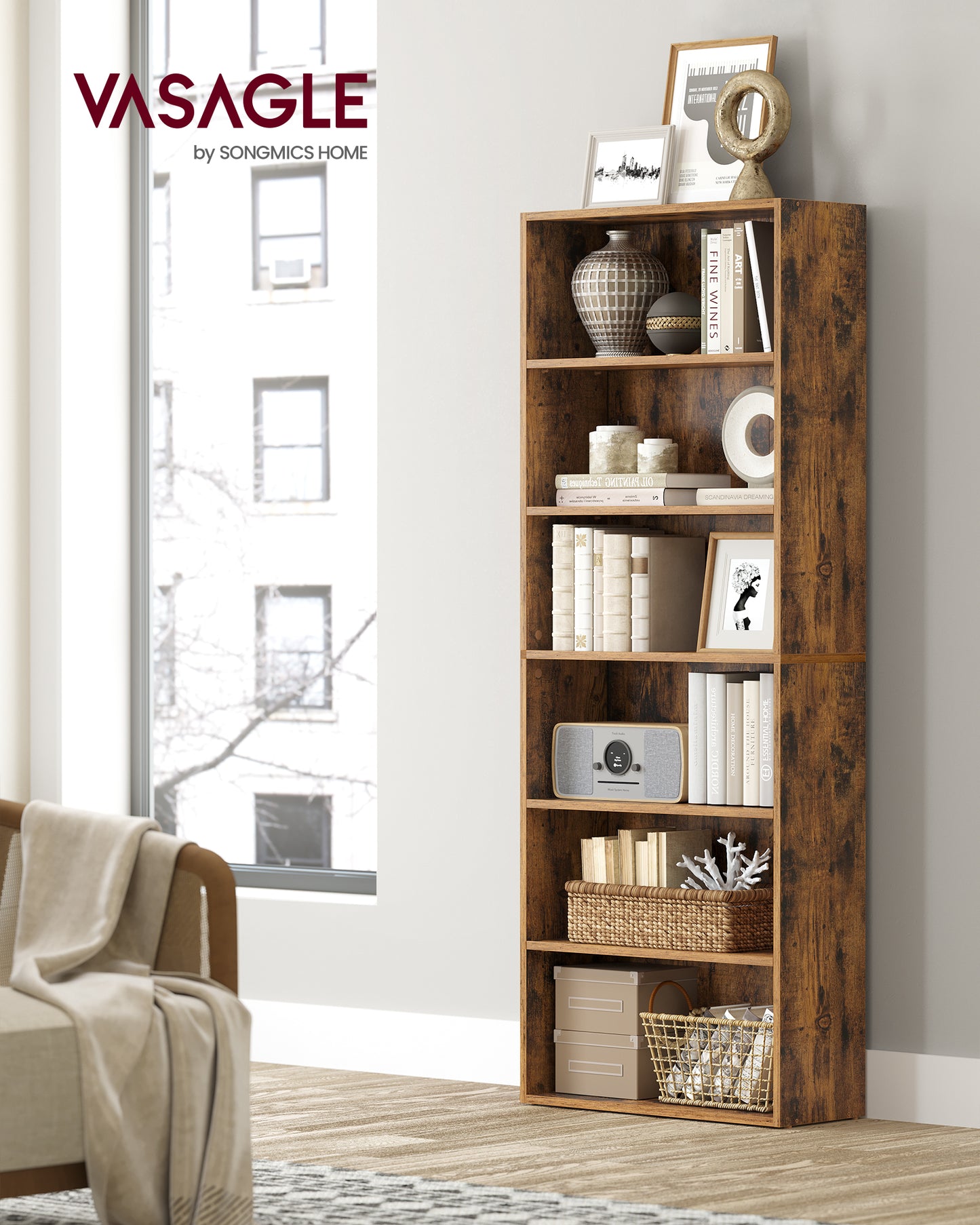 Wide 6-Tier Bookshelf, 23.6 Inches, Open Bookcase with Adjustable Storage Shelves - Floor Standing Unit, Brown