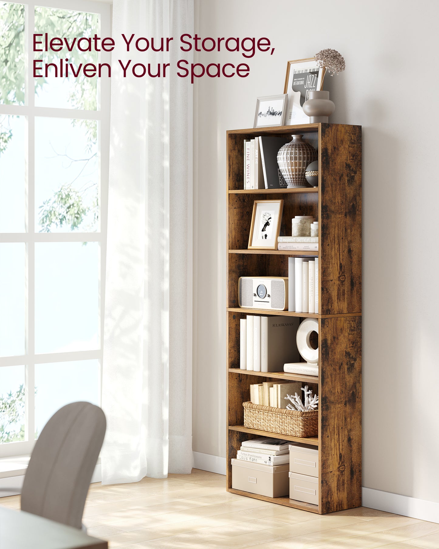 VASAGLE 6-Tier Bookshelf, 23.6 Inches Wide, Open Bookcase with Adjustable Storage Shelves, Floor Standing Unit, Rustic Brown