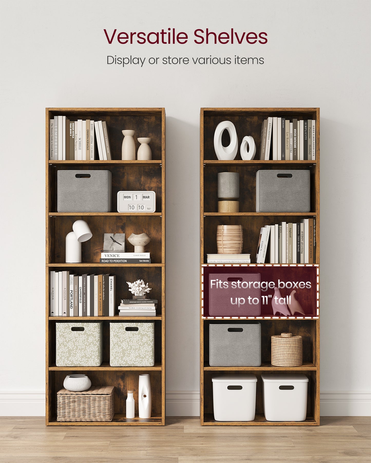 VASAGLE 6-Tier Bookshelf, 23.6 Inches Wide, Open Bookcase with Adjustable Storage Shelves, Floor Standing Unit, Rustic Brown