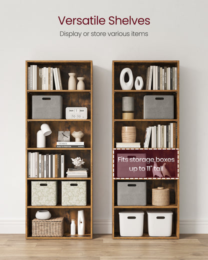 VASAGLE 6-Tier Bookshelf, 23.6 Inches Wide, Open Bookcase with Adjustable Storage Shelves, Floor Standing Unit, Rustic Brown
