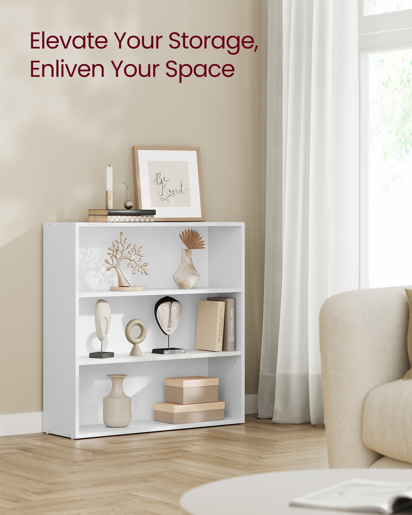 3-Tier Bookshelf, 31.5 Inches Wide,Open Bookcase with Adjustable Storage Shelves, Floor Standing Unit, Cloud White