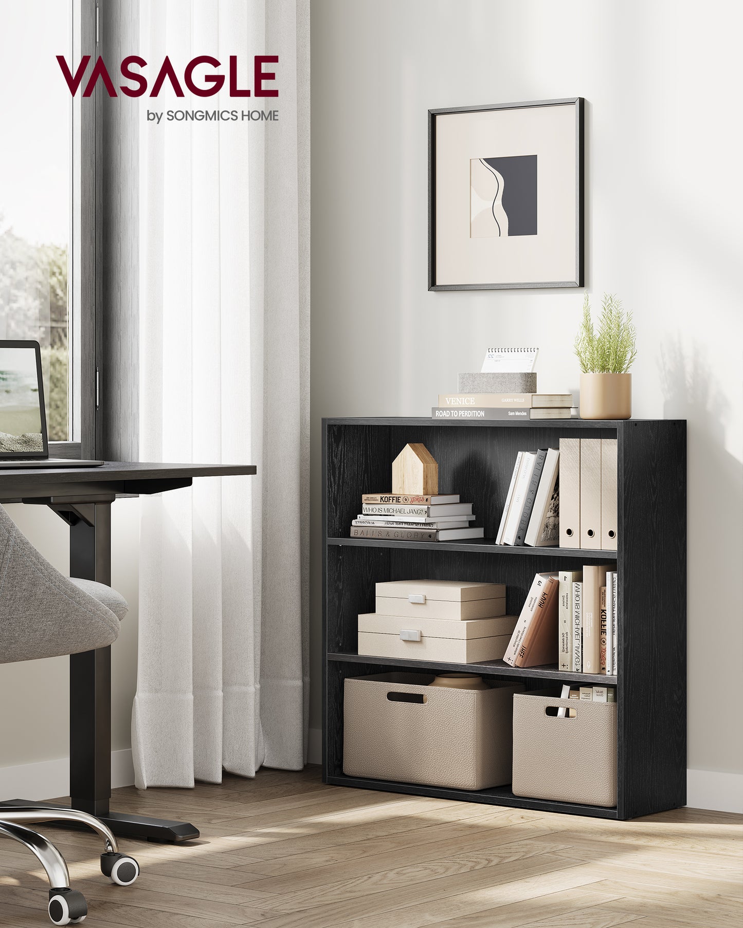 VASAGLE 3-Tier Bookshelf, 31.5 Inches Wide, Open Bookcase with Adjustable Storage Shelves, Floor Standing Unit, Ebony Black
