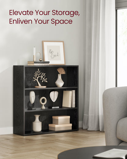 VASAGLE 3-Tier Bookshelf, 31.5 Inches Wide, Open Bookcase with Adjustable Storage Shelves, Floor Standing Unit, Ebony Black