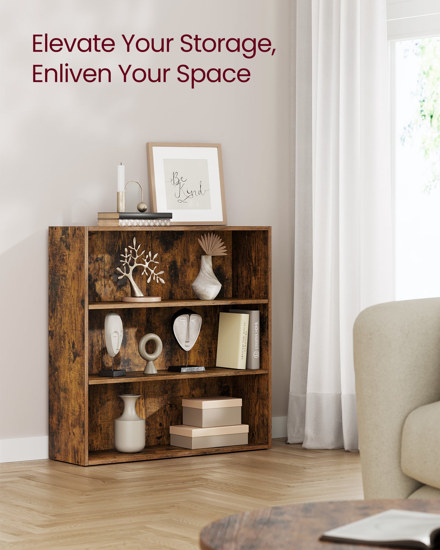 3-Tier Bookshelf, 31.5 Inches Wide, Open Bookcase with Adjustable Storage Shelves, Floor Standing Unit