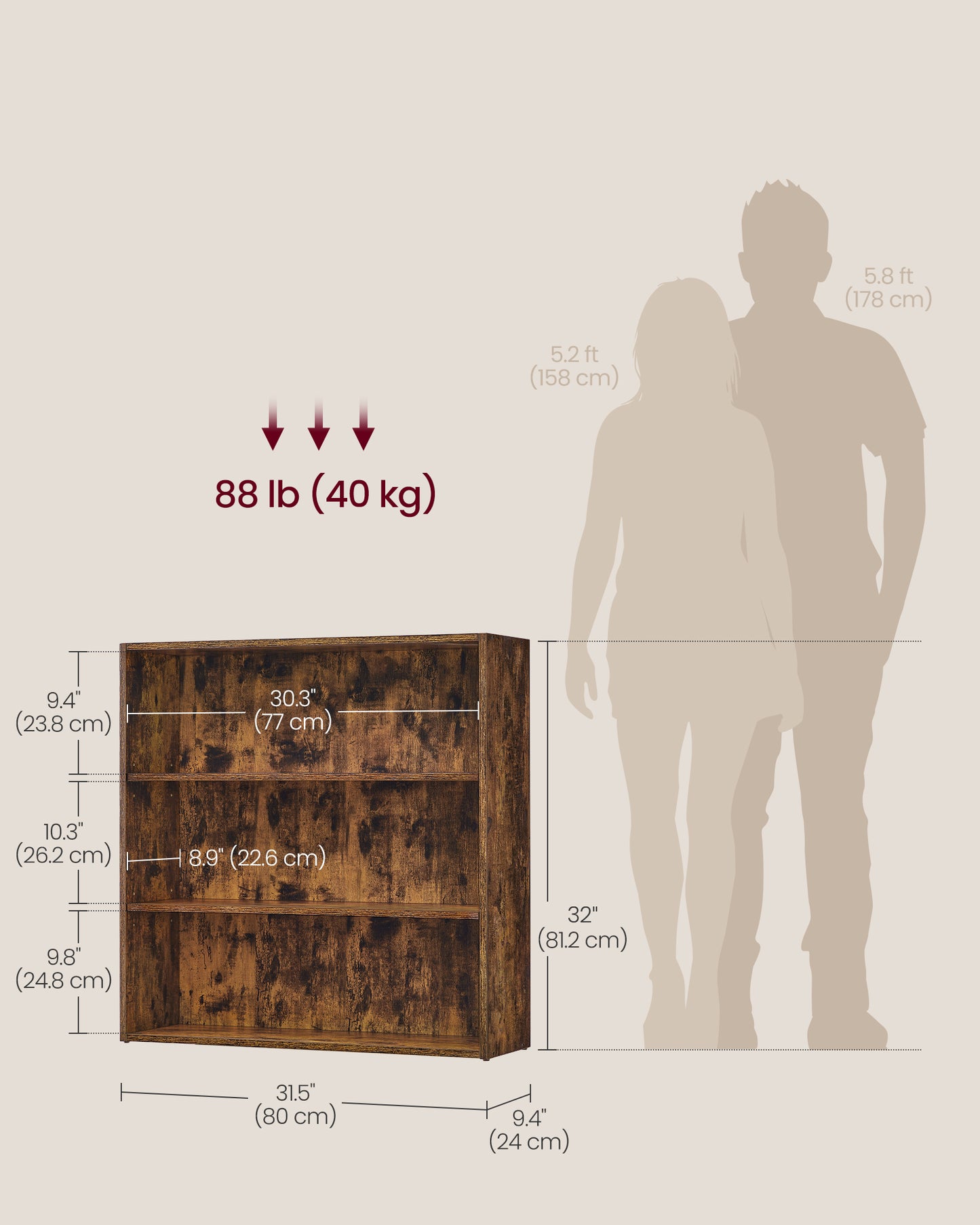 3-Tier Bookshelf, 31.5 Inches Wide, Open Bookcase with Adjustable Storage Shelves, Floor Standing Unit