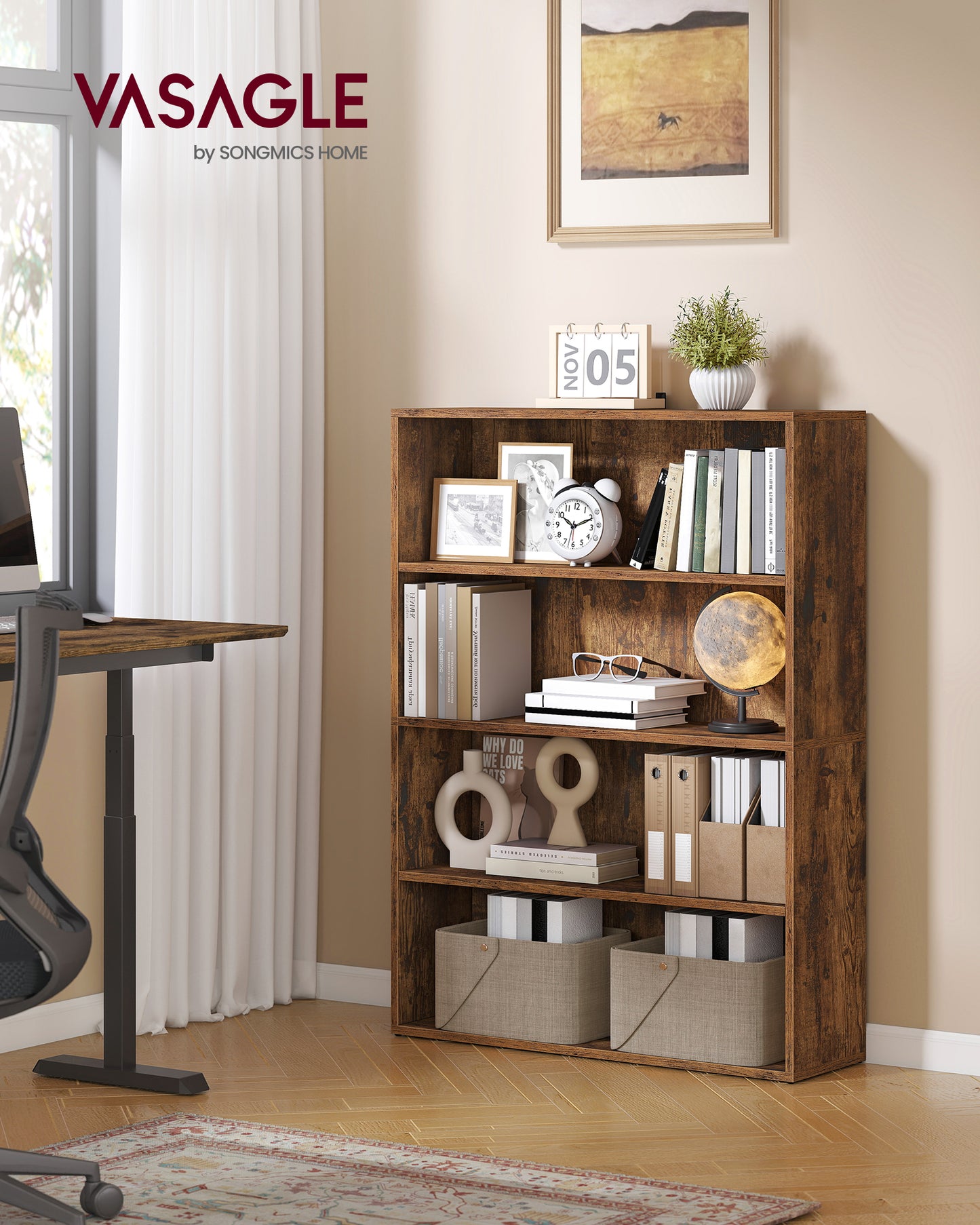 4-Tier Bookshelf, 42.5" Tall Bookcase with Adjustable Shelves & Anti-Tip Kit, Open Storage Shelf for Living Room Home Office, Rustic Brown