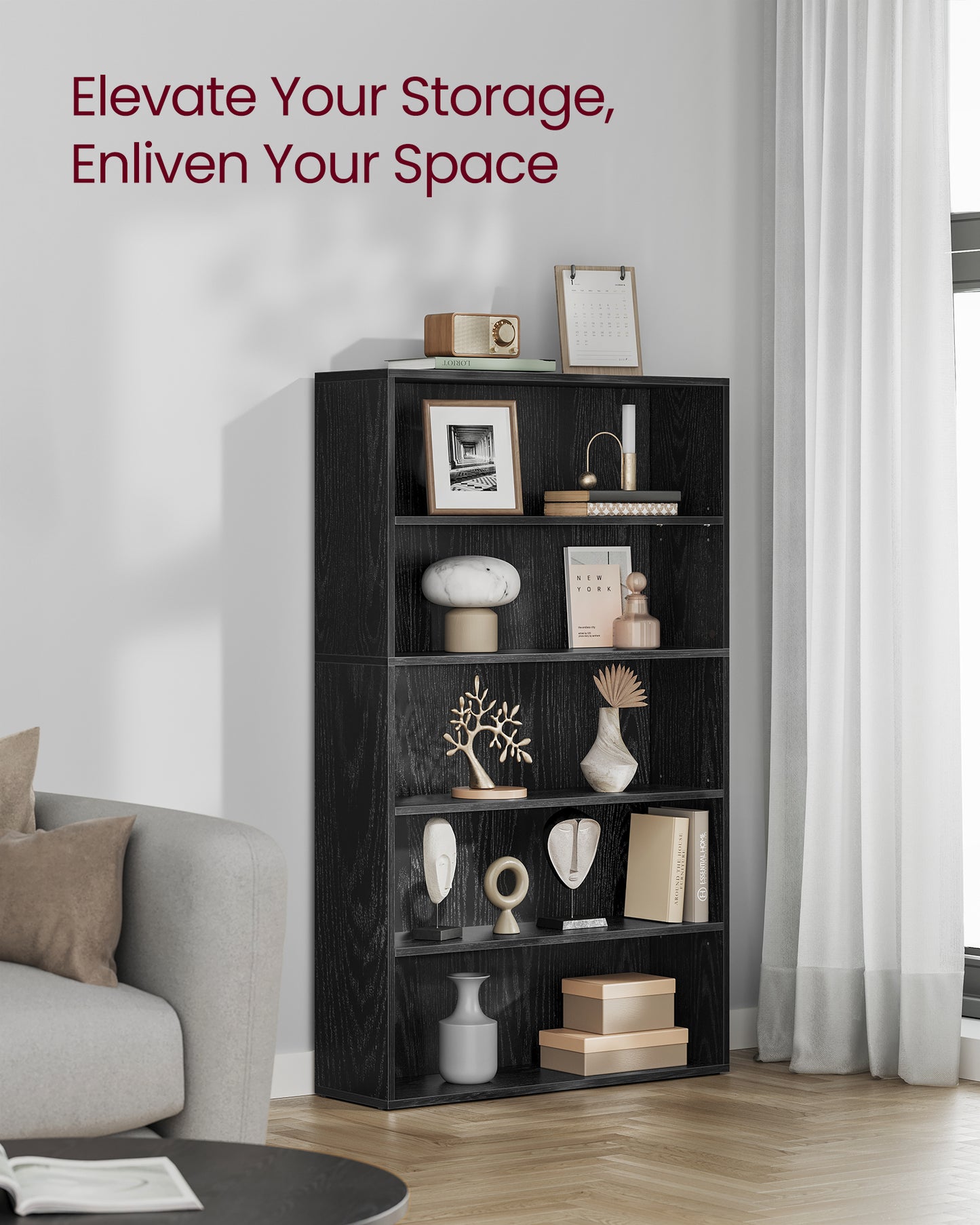 5-Tier Bookshelf, 30 Inches Wide, Open Bookcase with Adjustable Storage Shelves, Floor Standing Unit