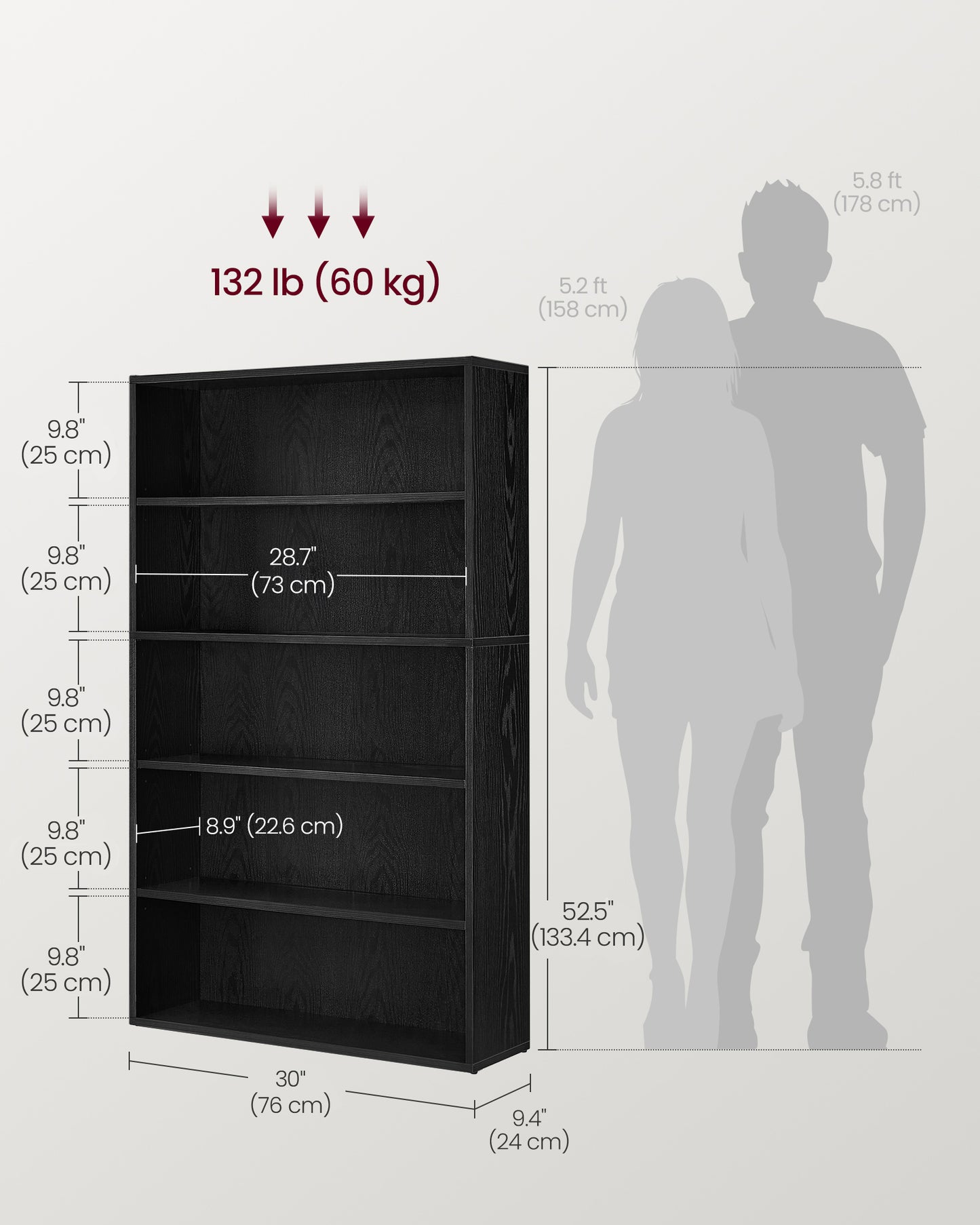 5-Tier Bookshelf, 30 Inches Wide, Open Bookcase with Adjustable Storage Shelves, Floor Standing Unit