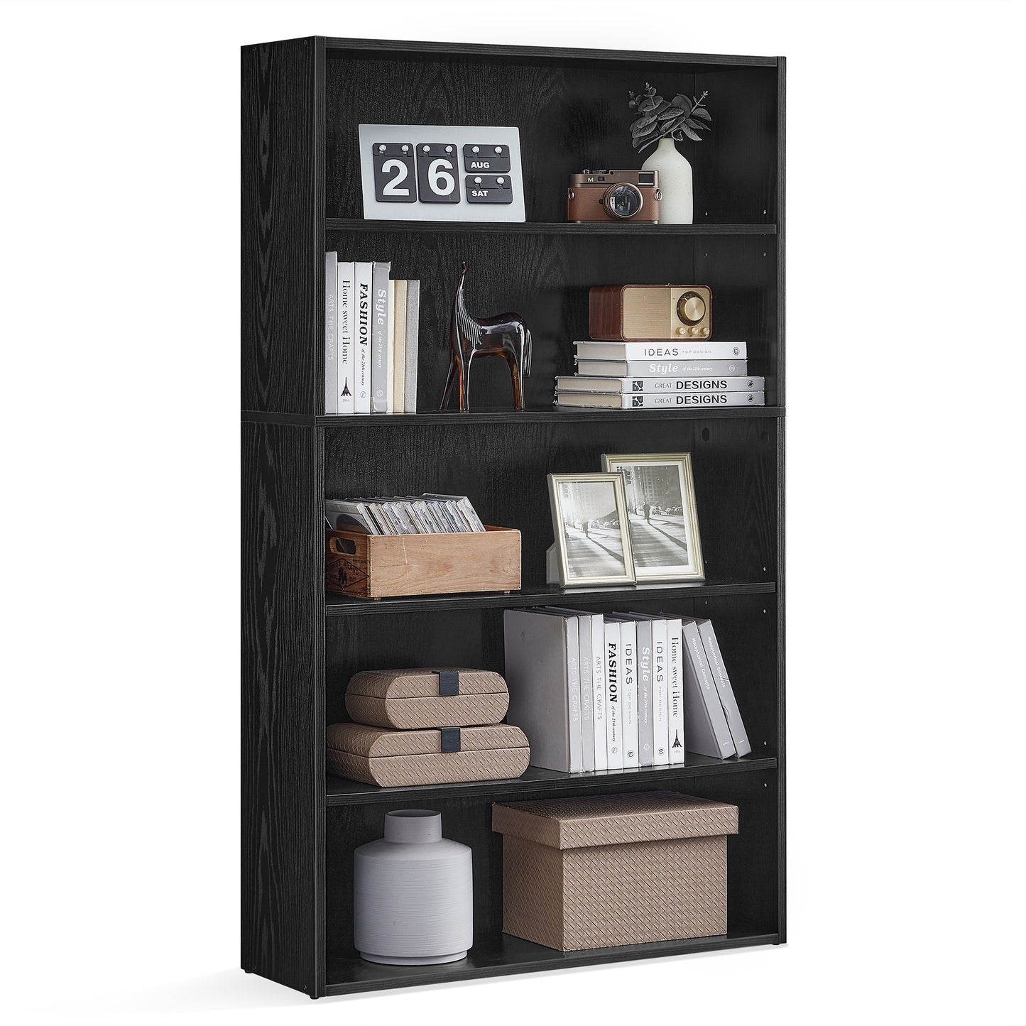 Custos Collection - Bookshelf, 5-Tier Bookcase, Book Shelf, Open Storage Shelf, 9.4 x 30 x 52.8 Inches, for Living Room, Home Office, Dinning Room, Ebony Black