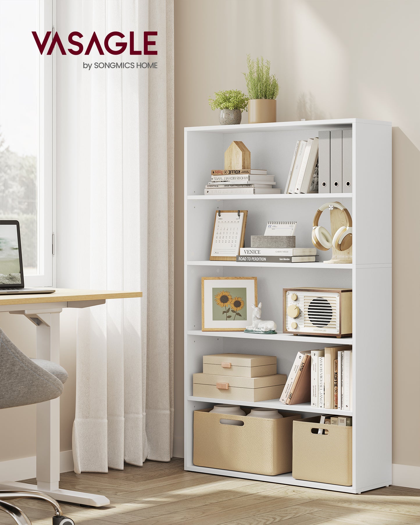 5-Tier Bookshelf, 30 Inches Wide, Open Bookcase with Adjustable Storage Shelves, Floor Standing Unit