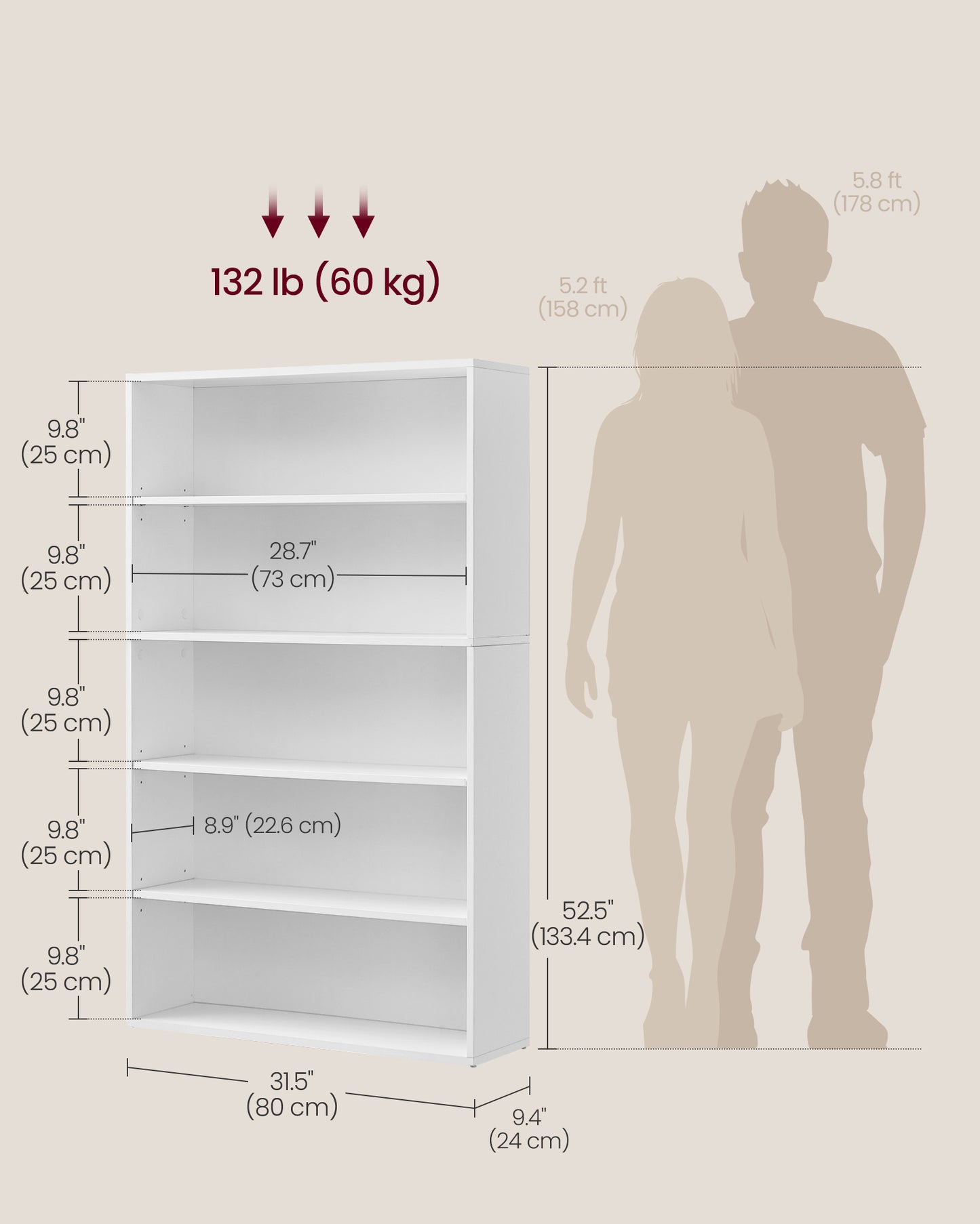 5-Tier Bookshelf, 30 Inches Wide, Open Bookcase with Adjustable Storage Shelves, Floor Standing Unit