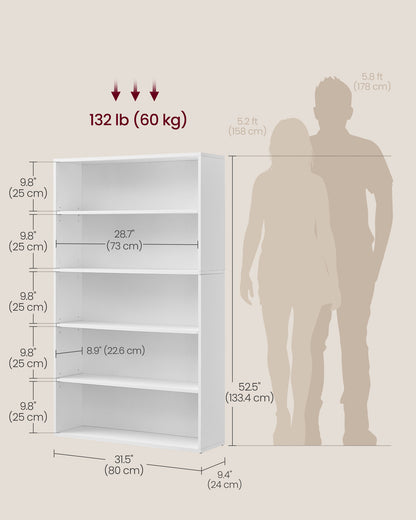 5-Tier Bookshelf, 30 Inches Wide, Open Bookcase with Adjustable Storage Shelves, Floor Standing Unit