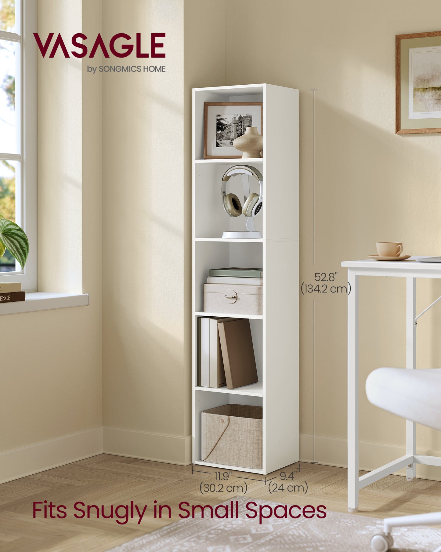 5-Tier Open Bookcase - Custos Collection Storage Shelf, 52.8 Inches Tall, 11.9 x 9.4 Inches Depth, Modern Book Shelf for Home, Cloud White