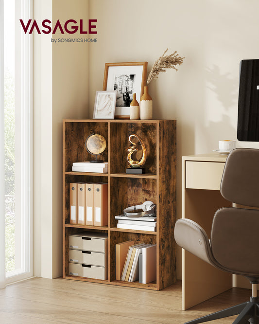 6-Cube Storage Shelf, Open Bookcase Organizer, 9.4" D x 25.8" W x 38.6" H, for Living Room, Office, Dining Room, Rustic Brown