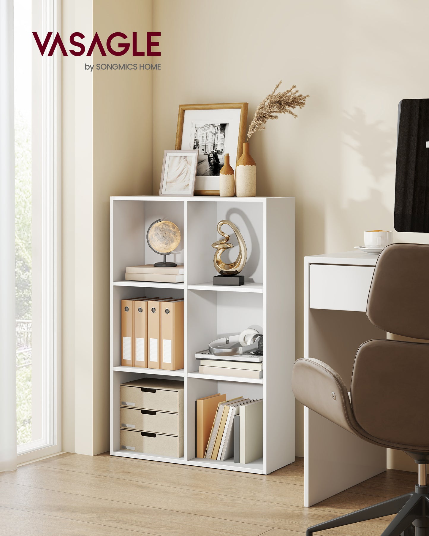 6-Cube Storage Shelf, Open Bookcase Organizer, 9.4" D x 25.8" W x 38.6" H, for Living Room, Office, Dining Room, Cloud White