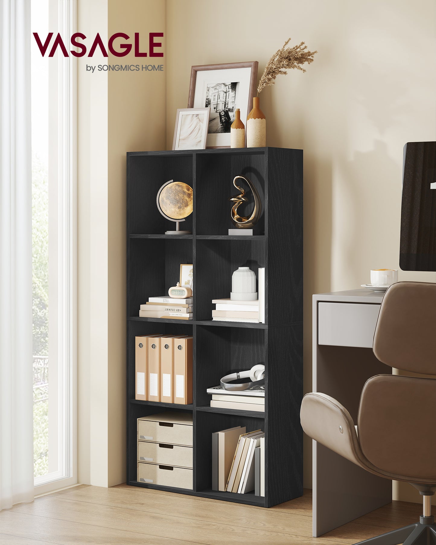 8-Cube Storage Shelf, Modern Bookcase Organizer, 51" Tall Multi-Functional for Living Room/Office, Easy Assembly, Ebony Black