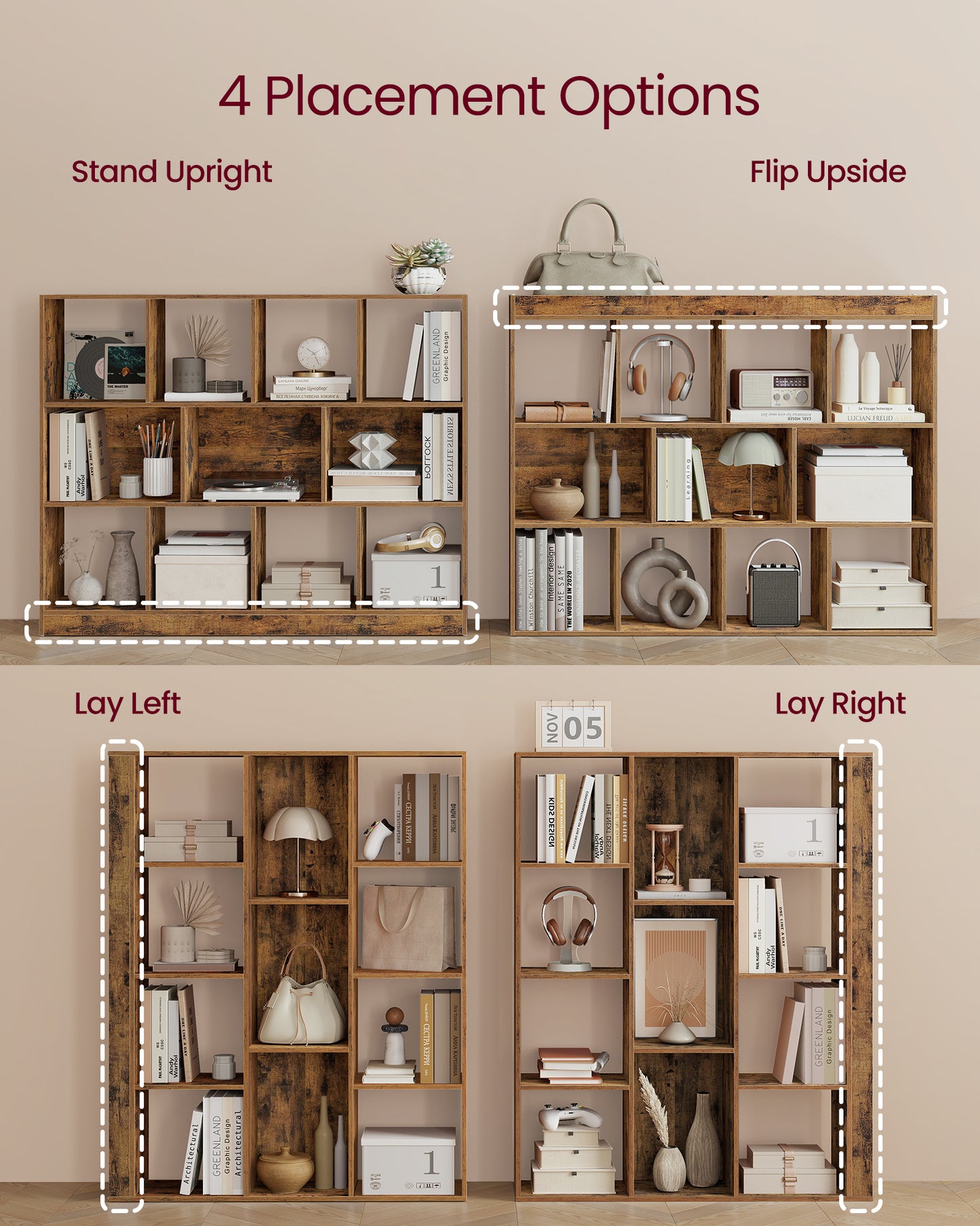 3-Tier Bookcase, Open Shelf Organizer for Living Room/Office, Space-Saving Design, Tool-Free Assembly, Rustic Brown