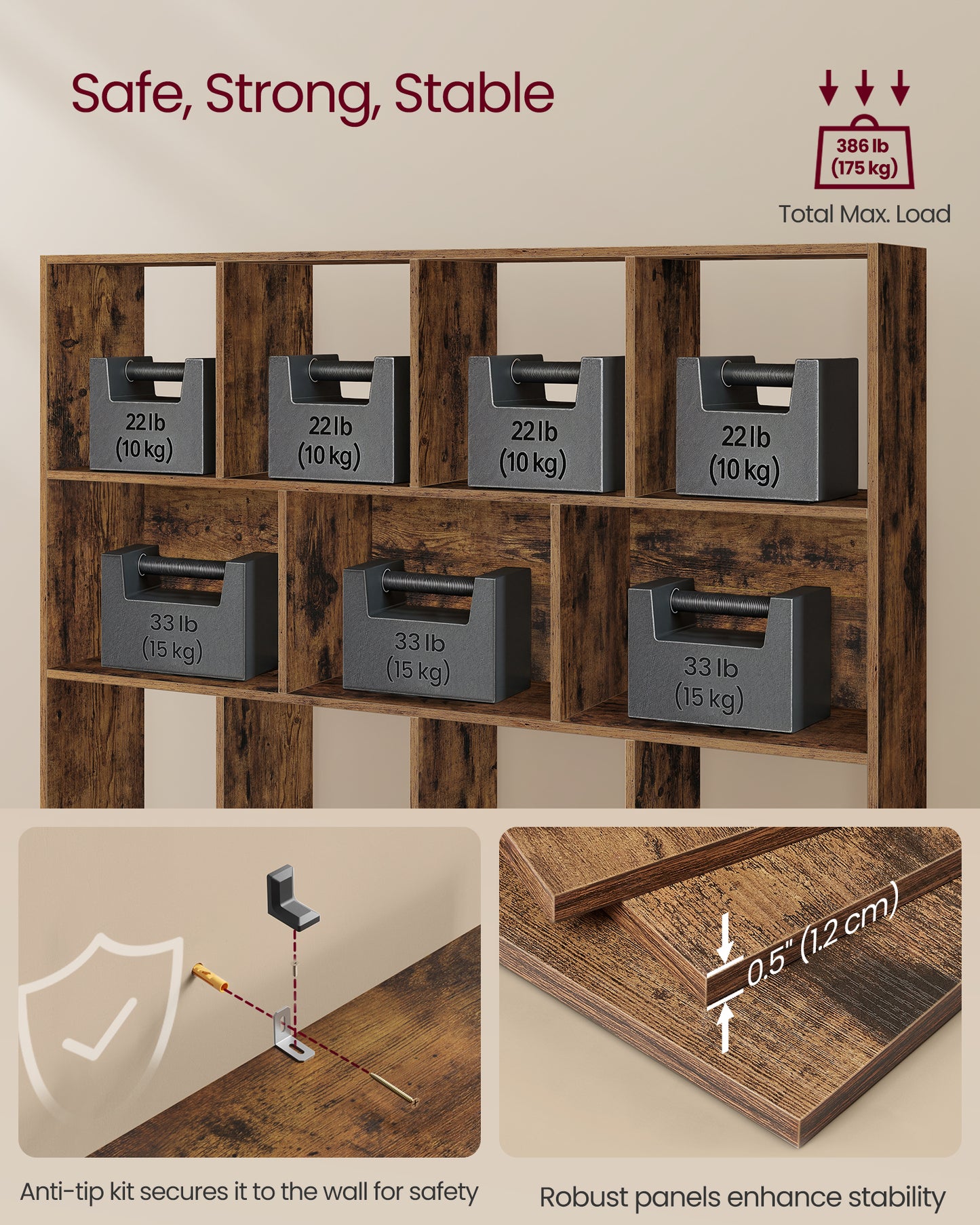 3-Tier Bookcase, Open Shelf Organizer for Living Room/Office, Space-Saving Design, Tool-Free Assembly, Rustic Brown