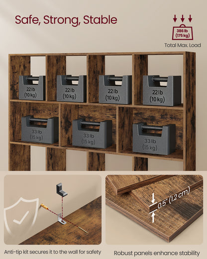 3-Tier Bookcase, Open Shelf Organizer for Living Room/Office, Space-Saving Design, Tool-Free Assembly, Rustic Brown