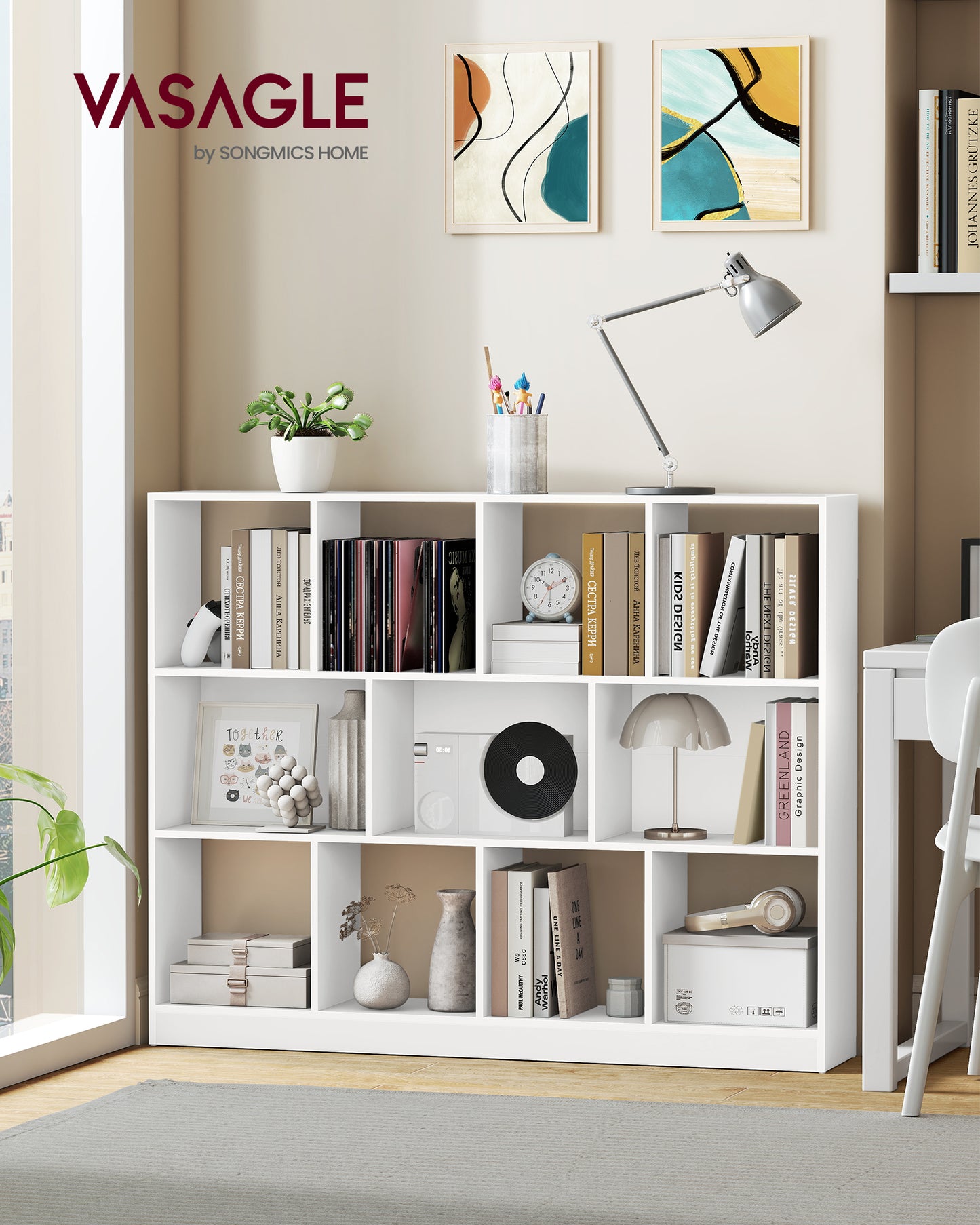 3-Tier Bookcase, Open Shelf Organizer for Living Room/Office, Space-Saving Design, Tool-Free Assembly, White