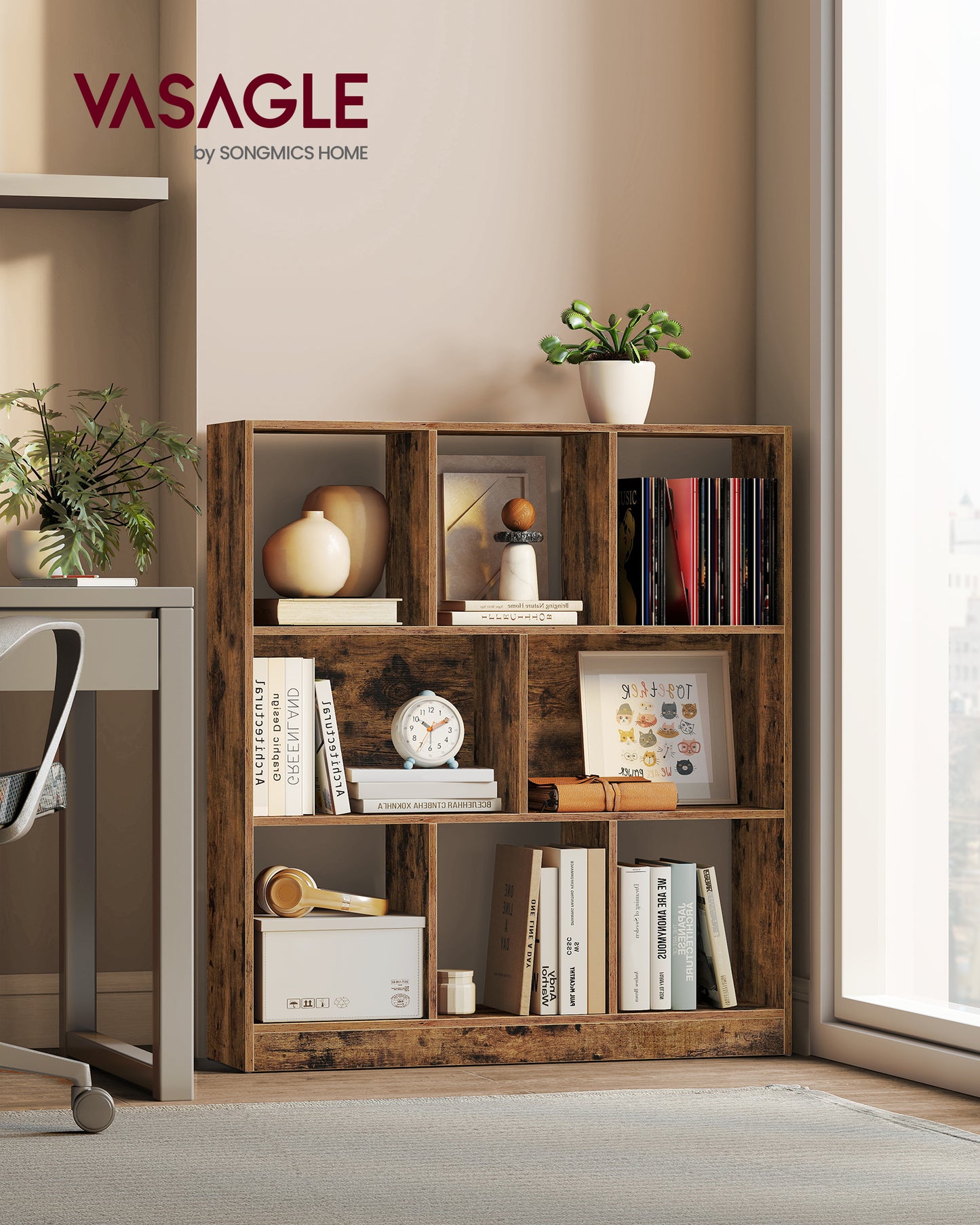 3-Tier Bookcase, Open Shelf Organizer for Living Room/Office, Space-Saving Design, Tool-Free Assembly, Walnut Brown