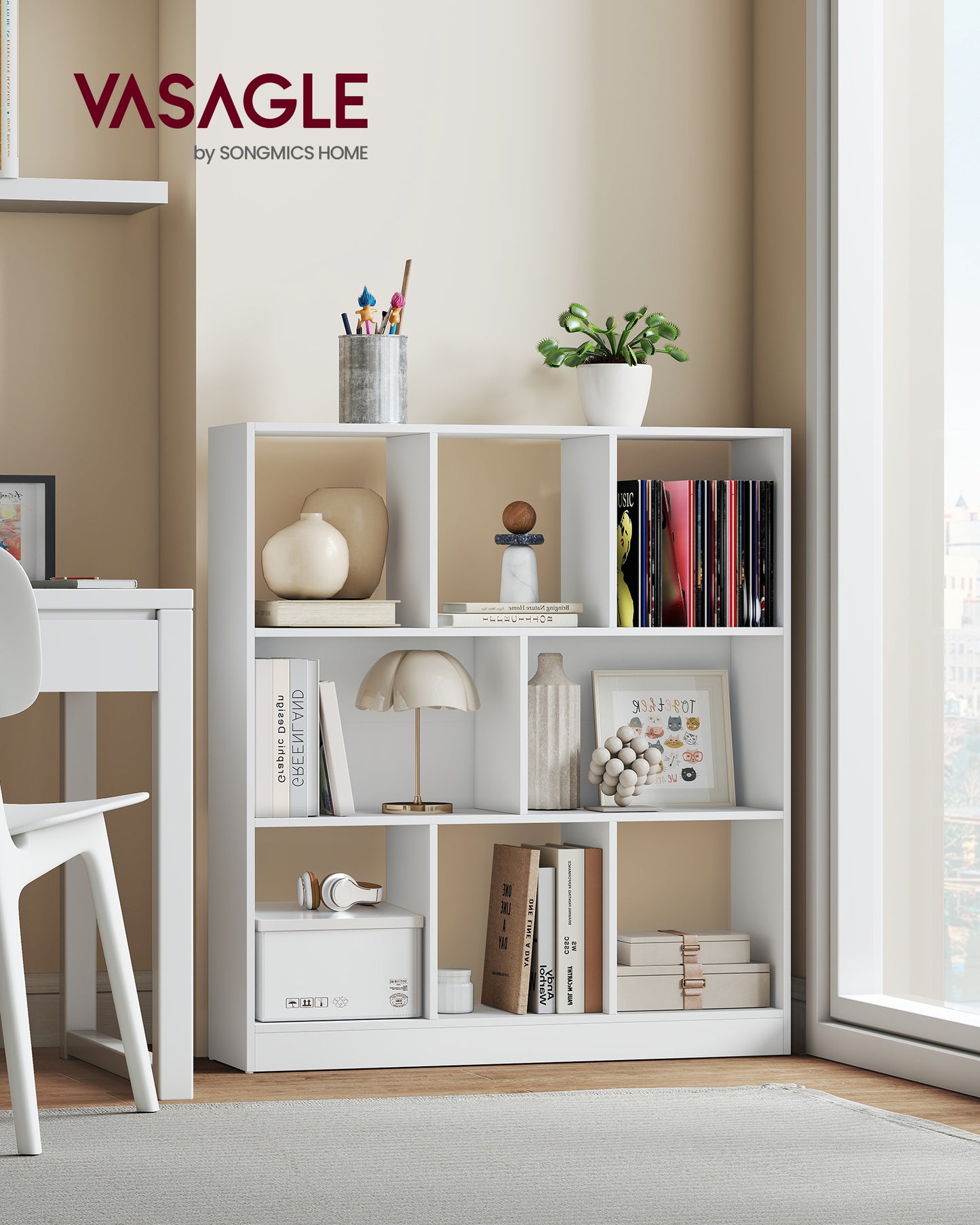3-Tier Open Bookcase, Modern Shelf Organizer for Living Room/Office, Space-Saving Design, Tool-Free Assembly, White