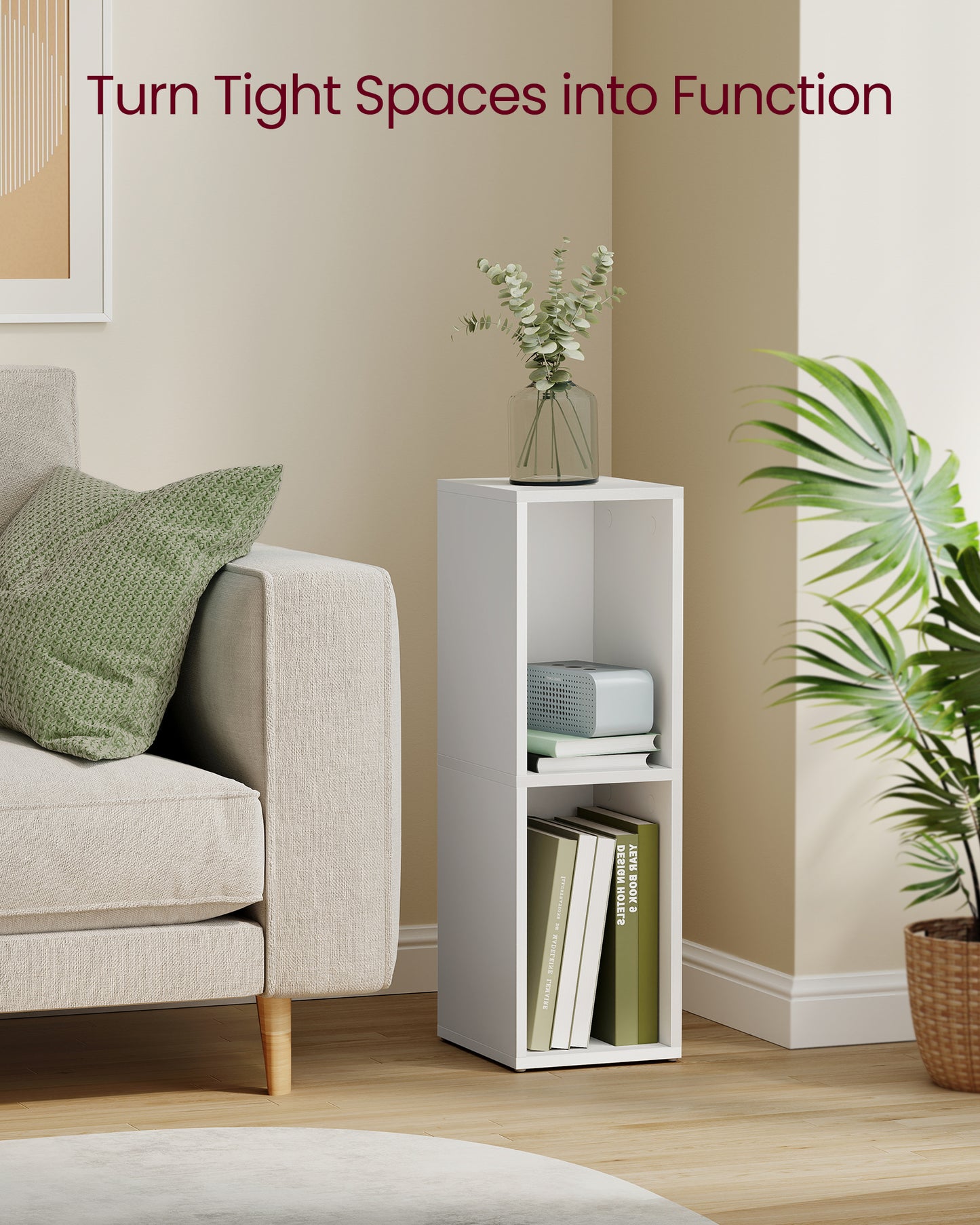 2-Tier Cube Bookcase, Open Shelf Organizer for Living Room/Office, Space-Saving Corner Design, Tool-Free Assembly, White