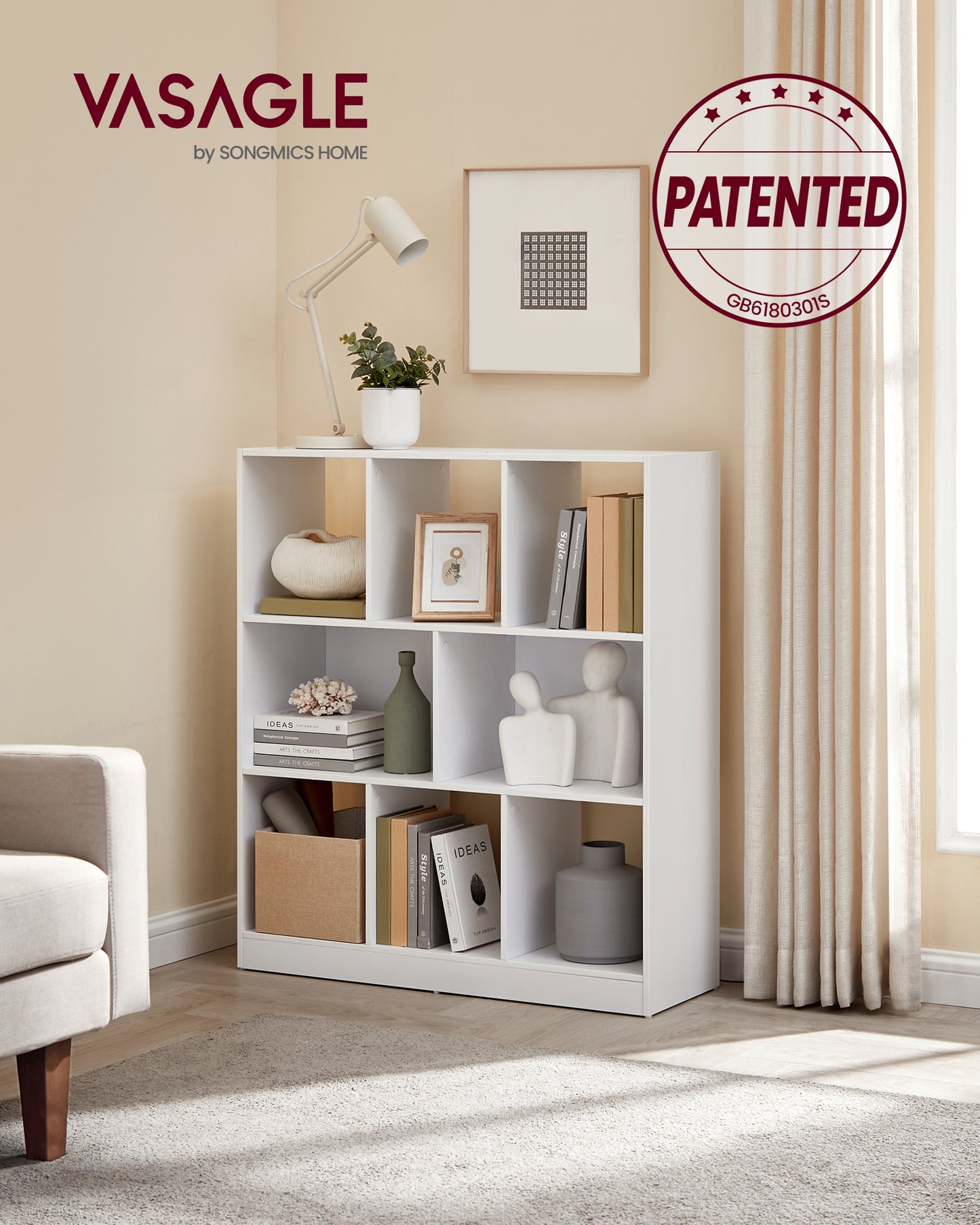VASAGLE Bookcase, Bookshelf, Freestanding Storage Unit, 8 Open Compartments, 11 x 35.4 x 39.4 Inches, for Living Room, Study, Office, White