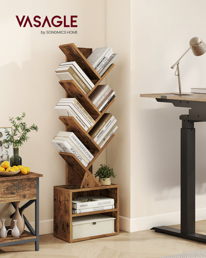 VASAGLE CUSTOS Collection - Tree Bookshelf, Modern Bookcase, Floor Standing Book Shelf, 2 Open Compartments, 8 x 15 x 48.5 Inches, Rustic Brow