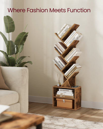 VASAGLE CUSTOS Collection - Tree Bookshelf, Modern Bookcase, Floor Standing Book Shelf, 2 Open Compartments, 8 x 15 x 48.5 Inches, Rustic Brow