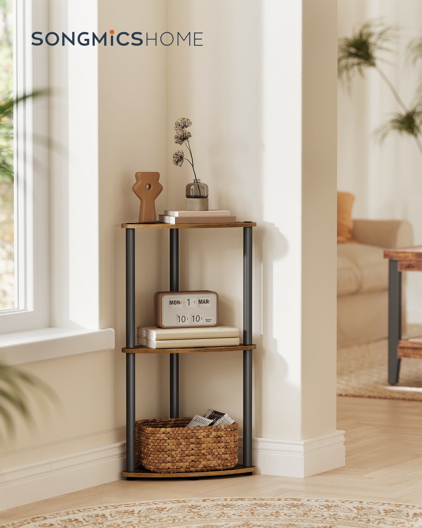 3-Tier Corner Shelf Stand, Superfast Toolless Assembly, Space-Saving Design, 15 x 10.6 x 27.8 Inches, Rustic Brown